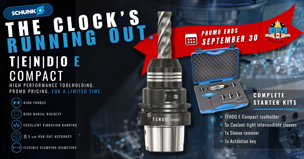 EMPrecise's tweet photo. LAST CALL. ⏱️
The SCHUNK TENDO E compact Promo ends Sept. 30.
Good tooling doesn’t need a sales pitch.
But a deadline needs a reminder.
Get your order in. 
info@emprecise.com
#SCHUNK #TENDO #CNC #Machining #EMPreciseTool #EMPrecise #EMPT https://t.co/wV3hmA79ww