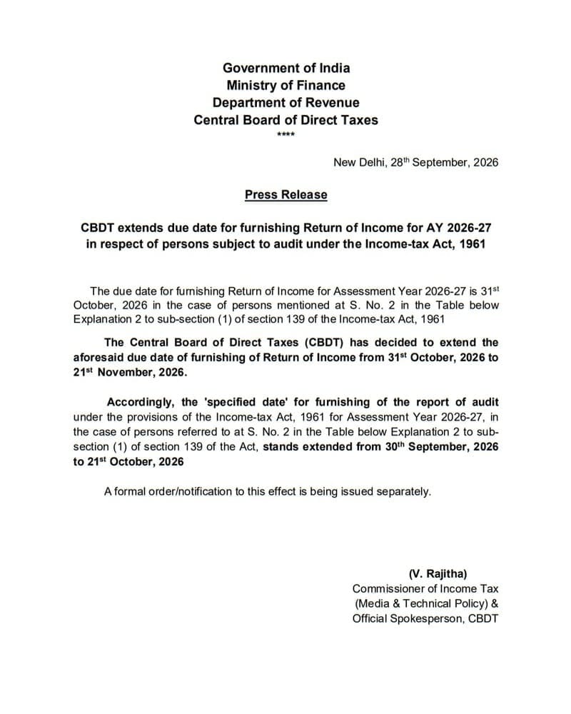 govtstaff's tweet photo. Extension of due date for furnishing Return of Income for AY 2026-27 in respect of persons subject to audit under the Income-tax Act, 1961 from 31.10.2026 to 21.11.2026 – CBDT Press Release 28.09.2026
https://t.co/hATGeSWJrN
#CBDT #Return #PressRelease #Govtstaff https://t.co/QvGTA0ZWeC