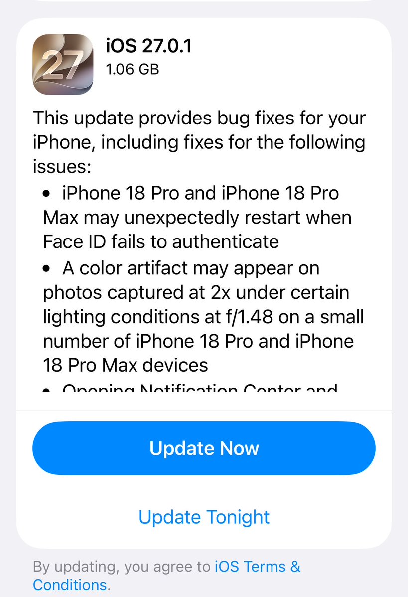 BrandonButch's tweet photo. iOS 27.0.1 has been released! https://t.co/9WOHJiMo9d
