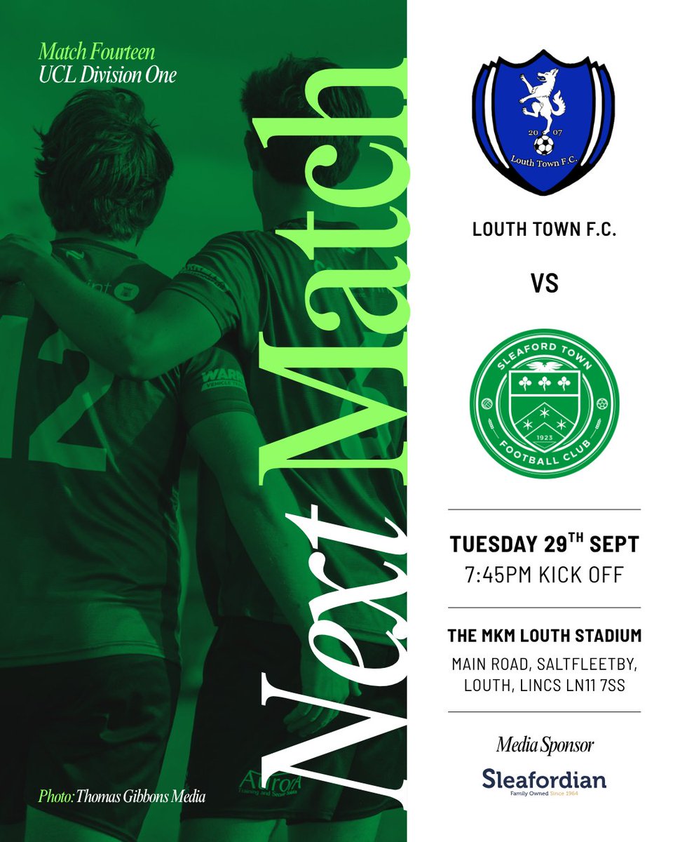 SleafordTownFC's tweet photo. 🟢 NEXT UP 🟢

Midweek football under the lights as the Greens make the trip to face Louth Town in our latest UCL Division One fixture.

📆 Tuesday 29th September
⏱ 7:45pm
🏟 The MKM Louth Stadium, Saltfleetby

Safe travels to all the Greens making the journey 👊💚 https://t.co/DwVIogurPq