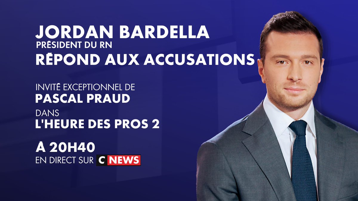 CNEWSLesOFF's tweet photo. 𝐑𝐄𝐍𝐃𝐄𝐙-𝐕𝐎𝐔𝐒 @CNEWS🔴

✔  À 20H40

▶️ 𝗝𝗼𝗿𝗱𝗮𝗻 𝗕𝗔𝗥𝗗𝗘𝗟𝗟𝗔 @J_Bardella, président du @RNational_off est l’invité exceptionnel de 
@PascalPraud dans L’Heure Des Pros 2
#HDPros2

🔴 Vivez l’actu sur #CNEWS https://t.co/ipVqrakc4q
