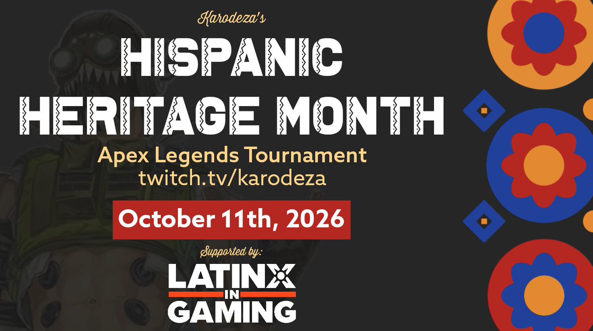karodeza's tweet photo. So excited to announce that this year’s Apex Legends Hispanic Heritage Month Tournament is partnering with @LatinosinGaming

I’m incredibly grateful to have their support as they contribute to this year’s prize pool. 🧡

We’ll also be raising funds for LatinxInGaming throughout the tournament to give back and support the amazing work they continue to do for the Hispanic gaming community.

I’m so excited to bring this new element to the tournament and continue celebrating and uplifting our community!

Tune in on October 11th to support LatinxInGaming and the Hispanic Apex Legends community!