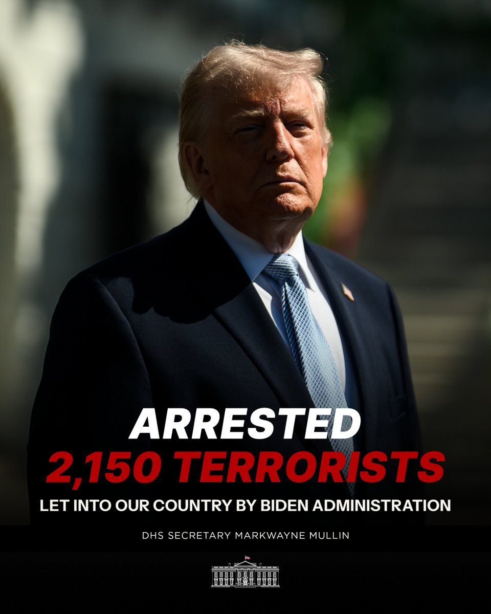 WhiteHouse's tweet photo. The Biden Administration's wide open border and radical soft-on-crime policies led to thousands of terrorists invading our country and threatening our national security.

Not under President Trump's watch. These terrorists are being arrested and removed from American streets. https://t.co/JgmeO0iZPg