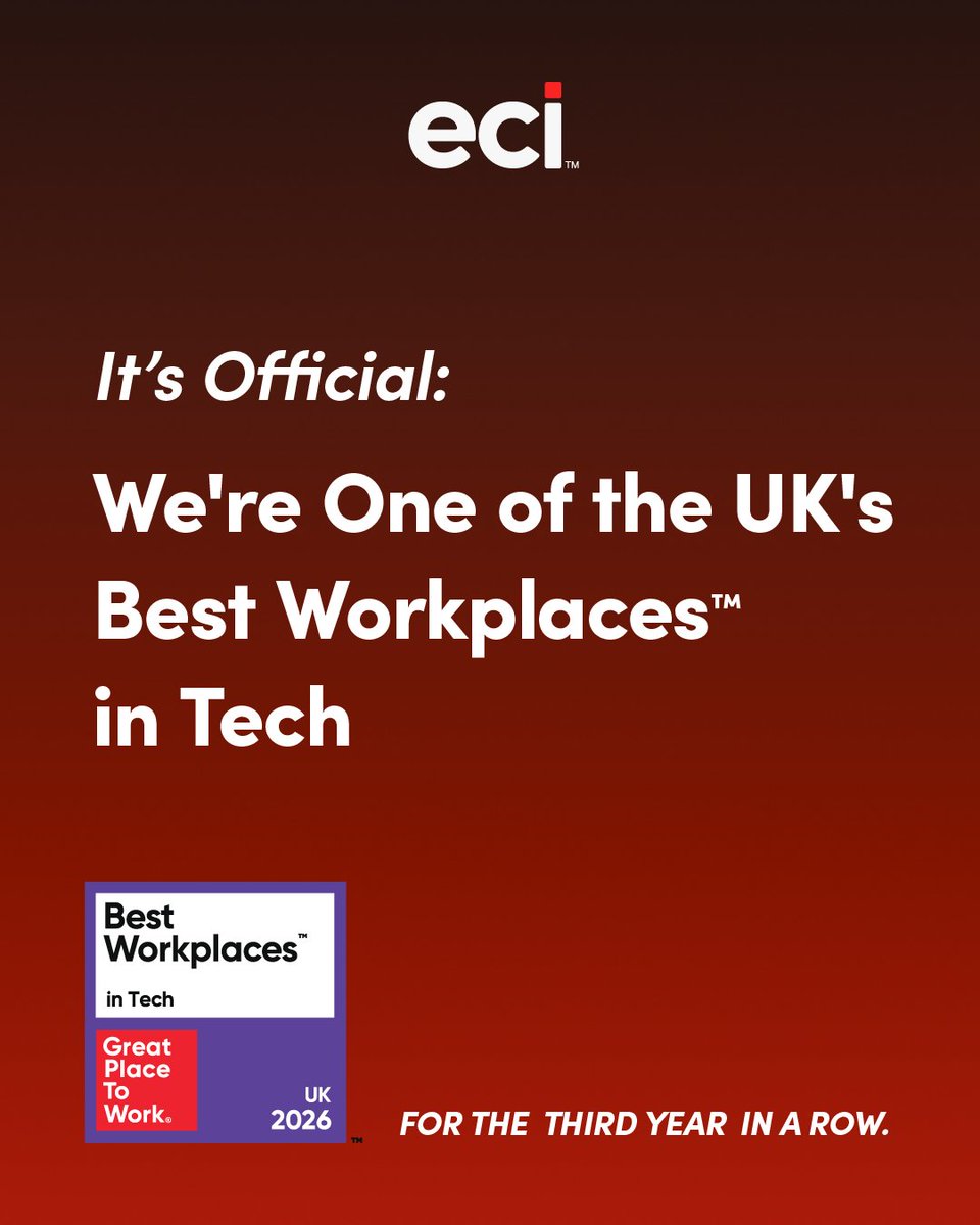 ECISolutions's tweet photo. Once is luck. Three times is culture.

For the third year running, we've been named one of the UK's Best Workplaces™ in Tech by @GPTW_UK!

To our UK team: this one's yours. Thank you! 👏 https://t.co/Cw7QOVpReL