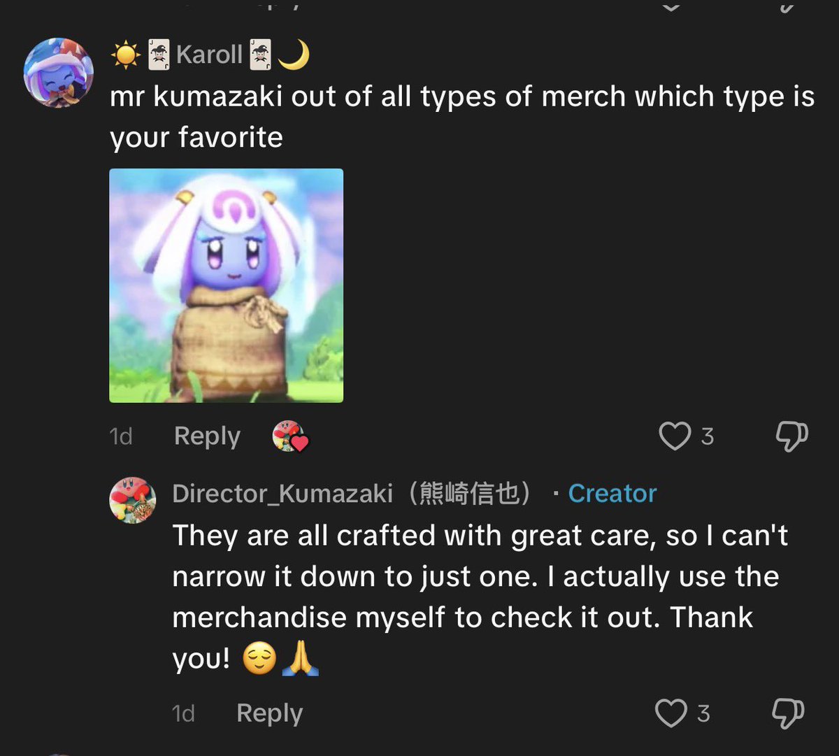 squish39's tweet photo. seeing how Kumazaki replies to people on tiktok makes me so happy, it’s so easy being a Kirby fan https://t.co/MOCAtjd3I6