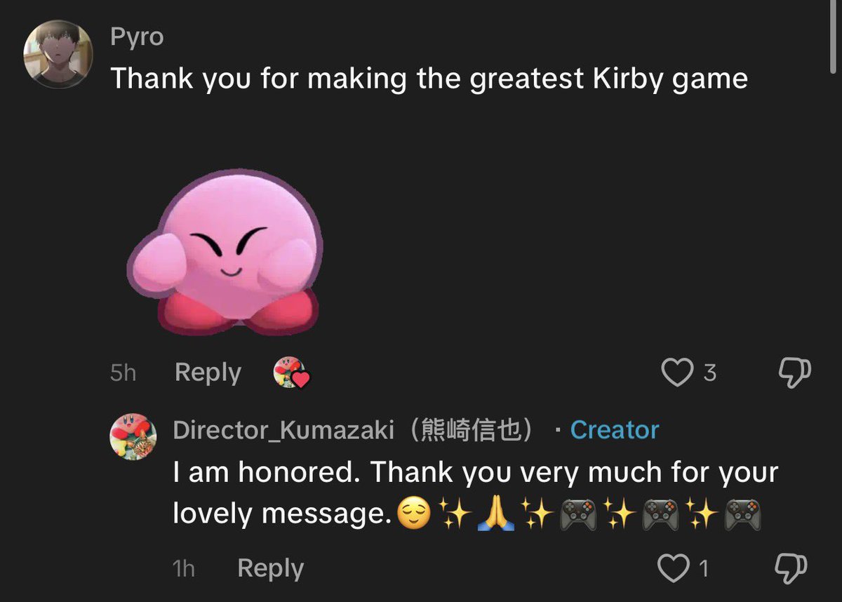 squish39's tweet photo. seeing how Kumazaki replies to people on tiktok makes me so happy, it’s so easy being a Kirby fan https://t.co/MOCAtjd3I6