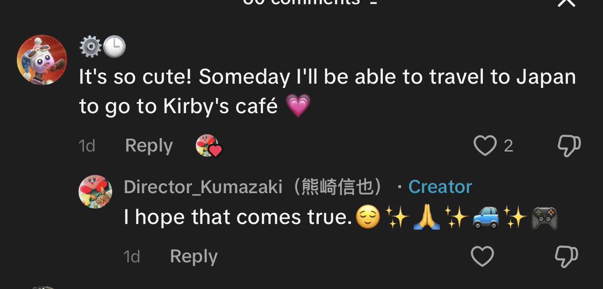 squish39's tweet photo. seeing how Kumazaki replies to people on tiktok makes me so happy, it’s so easy being a Kirby fan https://t.co/MOCAtjd3I6