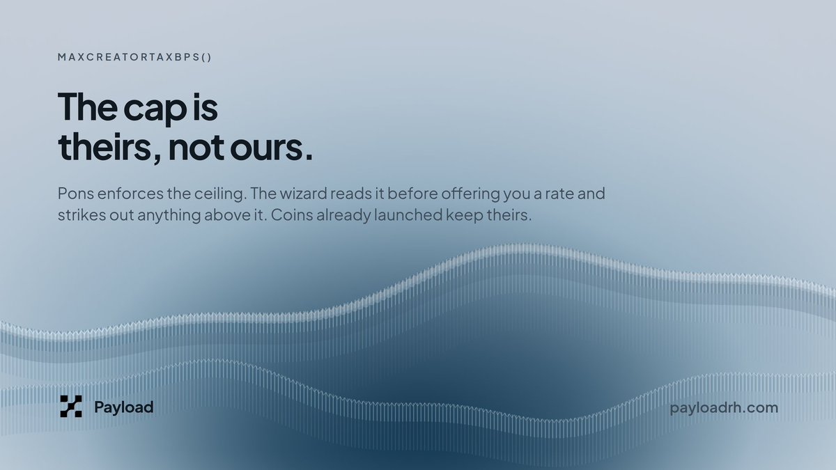 Payloadrh's tweet photo. The cap is theirs, not ours.

Pons enforces a ceiling with maxCreatorTaxBps(). 

The wizard reads it before offering you a rate and strikes out anything above it.

 Lower it tomorrow and coins already launched keep theirs. https://t.co/y8XLi1hV1e