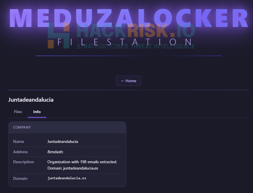 H4ckmanac's tweet photo. 🚨Cyber Alert ‼️

🇪🇸Spain - 𝗝𝘂𝗻𝘁𝗮 𝗱𝗲 𝗔𝗻𝗱𝗮𝗹𝘂𝗰í𝗮

Meduza Locker hacking group claims to have breached Junta de Andalucía. According to the threat actor, the compromised data includes client, confidential, financial, HR, legal, marketing and technical data.

Threat actor: Meduza Locker
Sector: Gov / Mil / LE
Data exposure (claimed): Not specified
Data type: Client, confidential, financial, HR, legal, marketing and technical data, and reports
Observed: Sep 28, 2026
Status: Pending verification
ESIX©: 5.58

Full details and impact assessment on https://t.co/eB7qgxKFAa