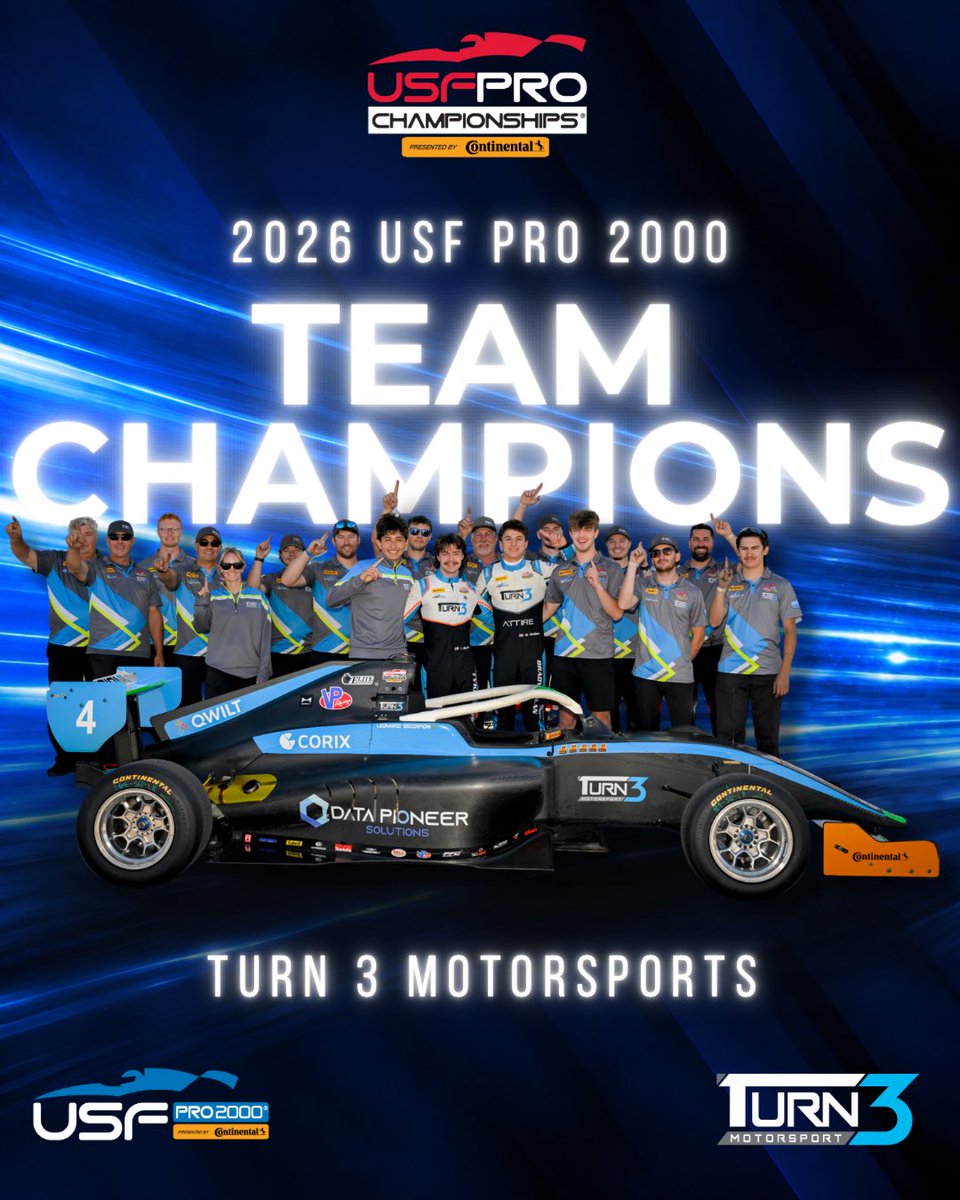 USFPro2000's tweet photo. Your 2026 USF Pro Championships USF Pro 2000 Team Champions are Turn 3 Motorsports! 🏆 

Their winning season included a season-high 12 podiums, a season-high 22 top-five finishes, 5 poles, 8 front-row starts, a season-high 7 fastest race laps, 6 races led and 1 new track record. https://t.co/Jycg75eh3P