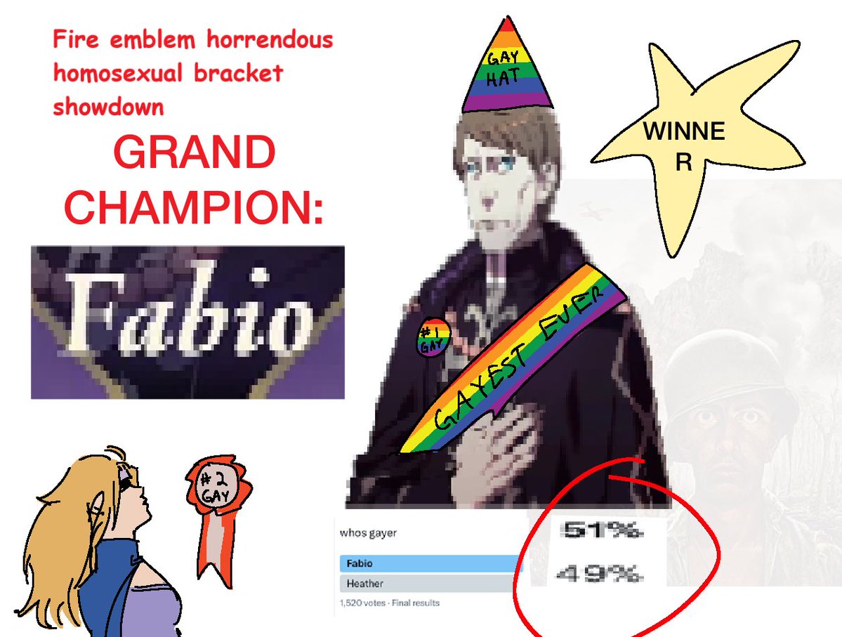 Dux_Draws2's tweet photo. ITS OVER! THE WINNER IS FABIO!! …by the genuine slimmest of margins. Your on-screen feats of homosexuality are simply too numerous. You truly are 2026’S most egregious fire emblem gay. Congarts https://t.co/6ZQ5EsevzQ
