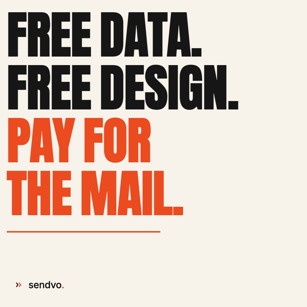 Sendvo's tweet photo. Free data. Free design. Pay for the mail.

No list fees, no design fees, no retainer, no setup costs. You only pay for the postcards you send. https://t.co/7Te4PGZZMO