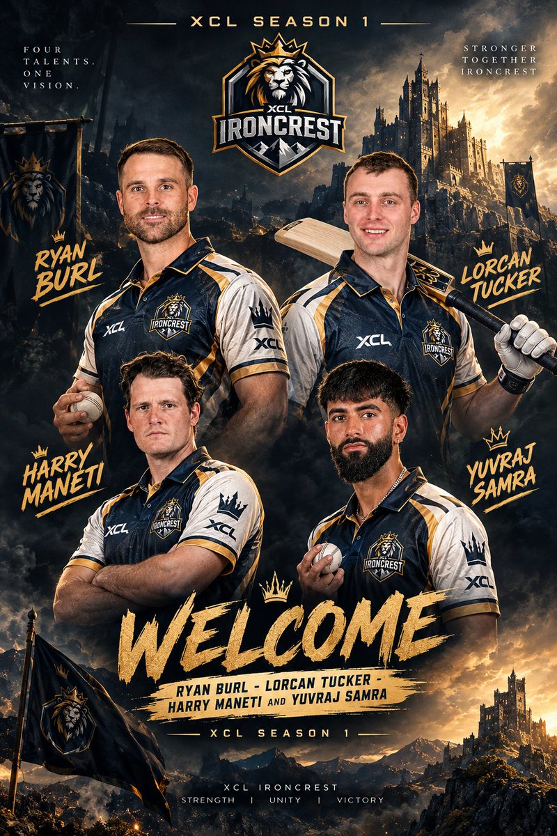 XCRICKLEA6's tweet photo. Welcome to the Ironcrest family, Ryan Burl, Lorcan Tucker, Harry Maneti &amp; Yuvraj Samra! 🦁👑

Your arrival brings strength, character and a new edge to XCL Season 1.

Owner: @TeamSamCurran58 

#XCL #SEASON1 https://t.co/HzsHrYEMgn
