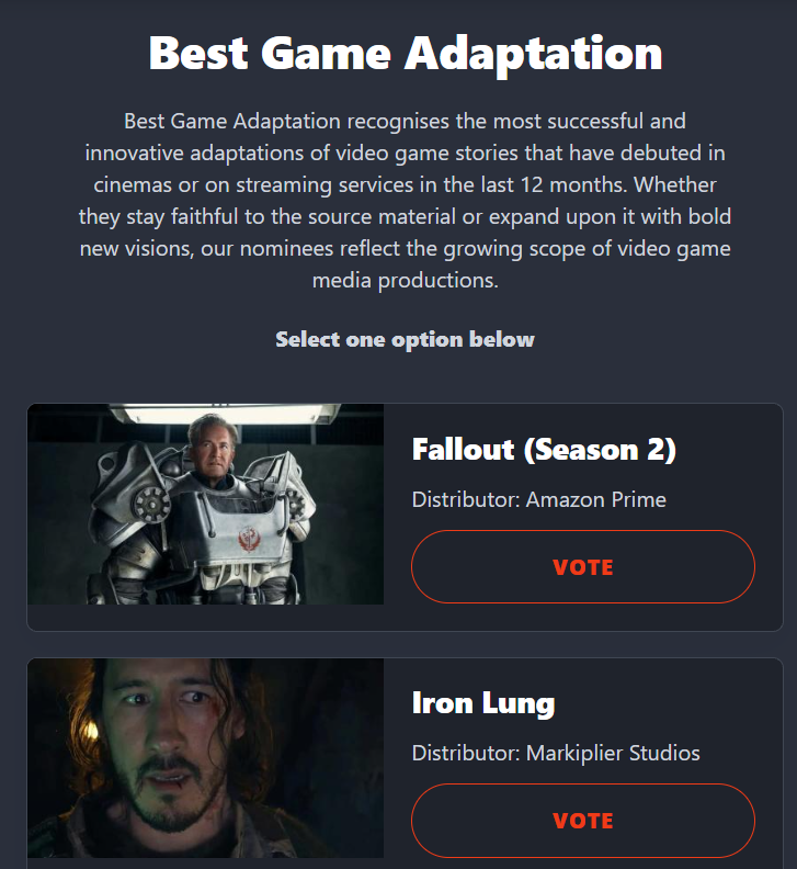 KUROMINH0's tweet photo. IRON LUNG NOMINATED FOR BEST GAME ADAPTATION BABYYYY https://t.co/S7VEPErhXs