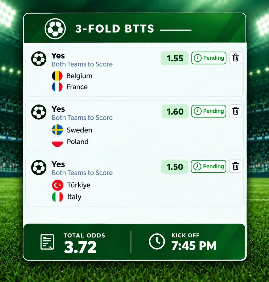 MorganPeace011's tweet photo. ⚽ NATIONAL TEAM 3-FOLD BTTS 🔥

🇧🇪 Belgium vs France 🇫🇷 — BTTS
🇸🇪 Sweden vs Poland 🇵🇱 — BTTS
🇹🇷 Türkiye vs Italy 🇮🇹 — BTTS

🎯 Total Odds: 3.72
⏰ 7:45 PM https://t.co/eI96iHo0Cl