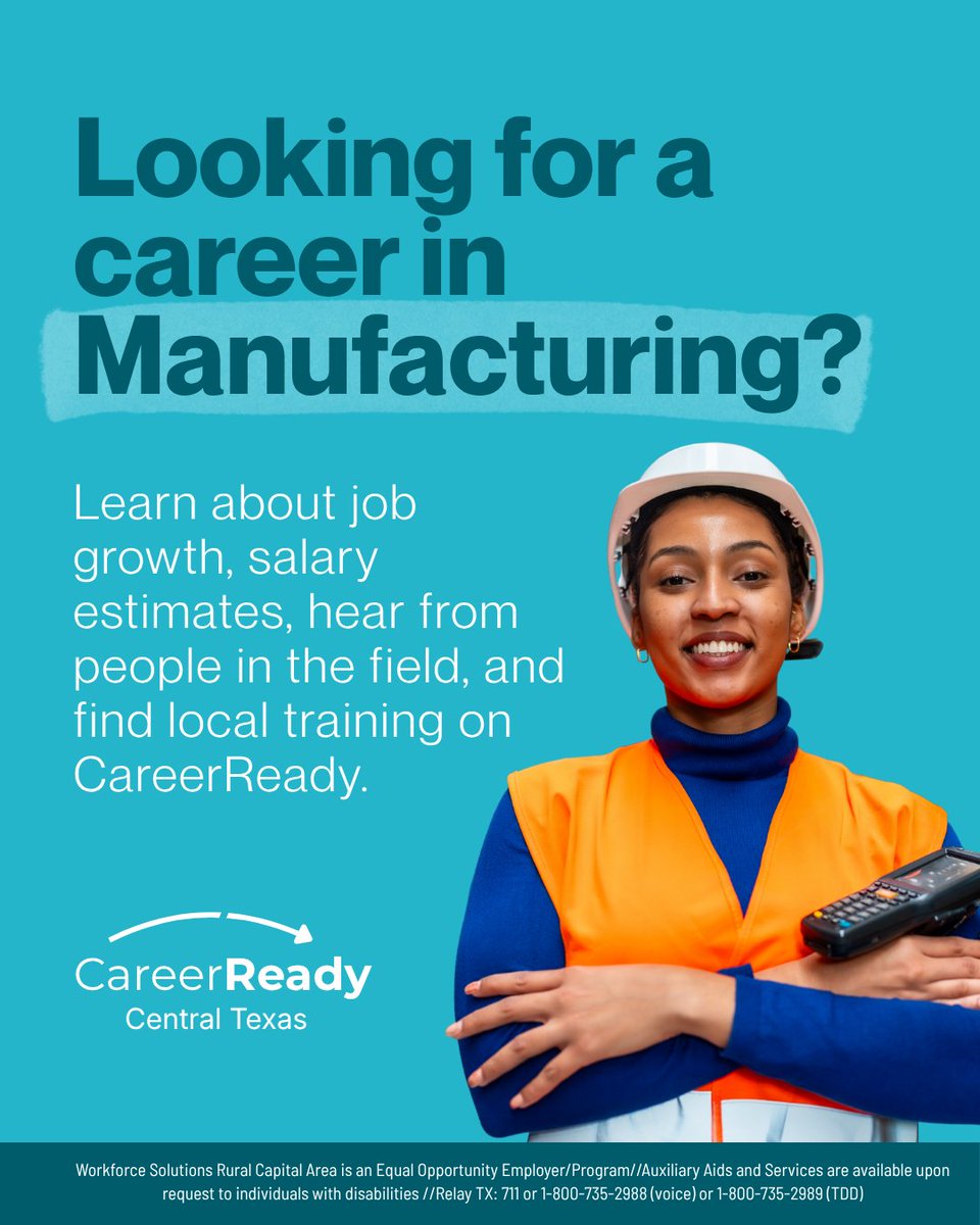 WFSRuralCapJobs's tweet photo. Interested in a career in Manufacturing?
Visit CareerReady Central Texas to explore resources to help you with everything you need, all in one place.
#CareerReady #Manufacturing #InDemandIndustries #WorkforceSolutions #WSRCA #RuralCapitalArea https://t.co/xzJY1sZl13