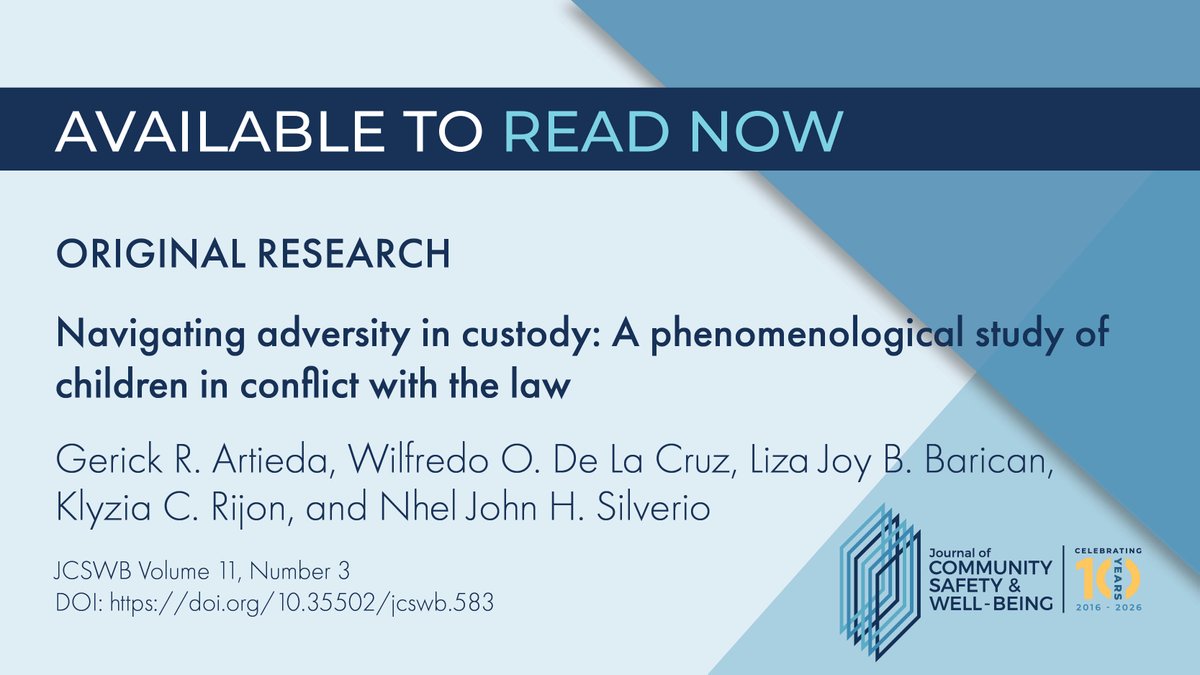 JournalCSWB's tweet photo. This phenomenological study of 10 CICL in a Philippine SDC finds disrupted education, weak family ties &amp; rigid rules—proposing Custodial Opportunity Strain Theory (COST): https://t.co/cY4VRCU8ow  #JuvenileJustice #CICL https://t.co/C6cTFrOwYg