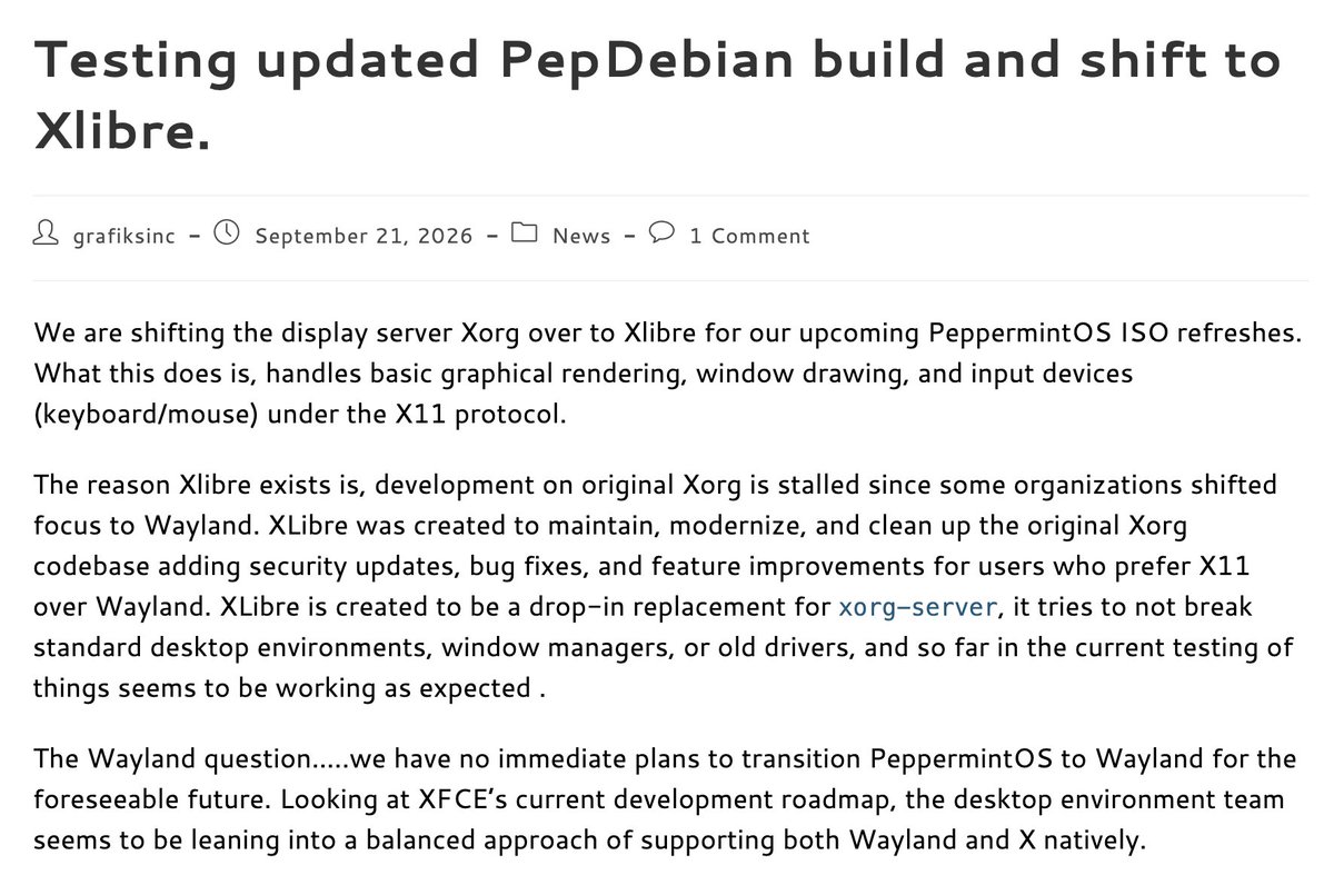 LundukeJournal's tweet photo. The Peppermint OS Linux distro is officially dropping Xorg, and replacing it with XLibre.

"We have no immediate plans to transition PeppermintOS to Wayland for the foreseeable future."

https://t.co/2dwdlg3piH https://t.co/VHiudBp75Z