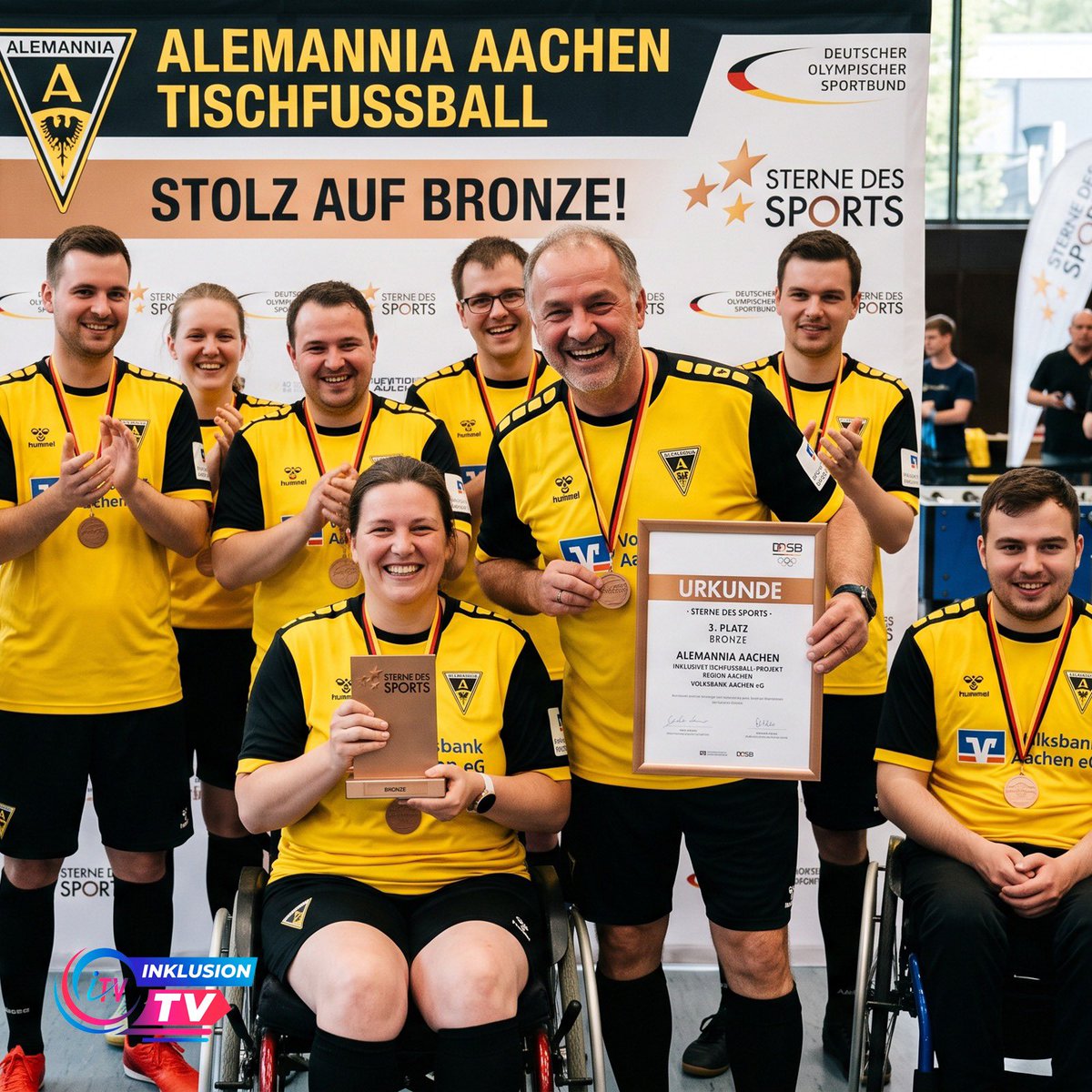 InklusionTV's tweet photo. ⚽♿ Inklusion am Kickertisch: Alemannia Aachen gewinnt mit ihrem inklusiven Tischfußball-Projekt den „Stern des Sports“ in Bronze. Menschen mit und ohne Behinderungen spielen hier gemeinsam. 🏆💙

#Inklusion #AlemanniaAachen #Tischfußball #SportFürAlle https://t.co/IMgdtiDFc3