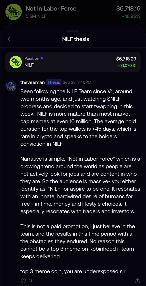 HabibiMasta's tweet photo. Do you want to know why robinhood:0xdb97b2aefd6816485a757ae49280d598a5c9c848 is building one of the strongest narrative that will survive for cycles? This below is a great explanation by 6th most profitable trader on @fomo - theveeman ! Welcome to NILF family! https://t.co/vyibZ4ZhQC