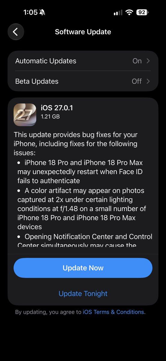 zollotech's tweet photo. iOS 27.0.1 is out https://t.co/2zTF3eXUBL