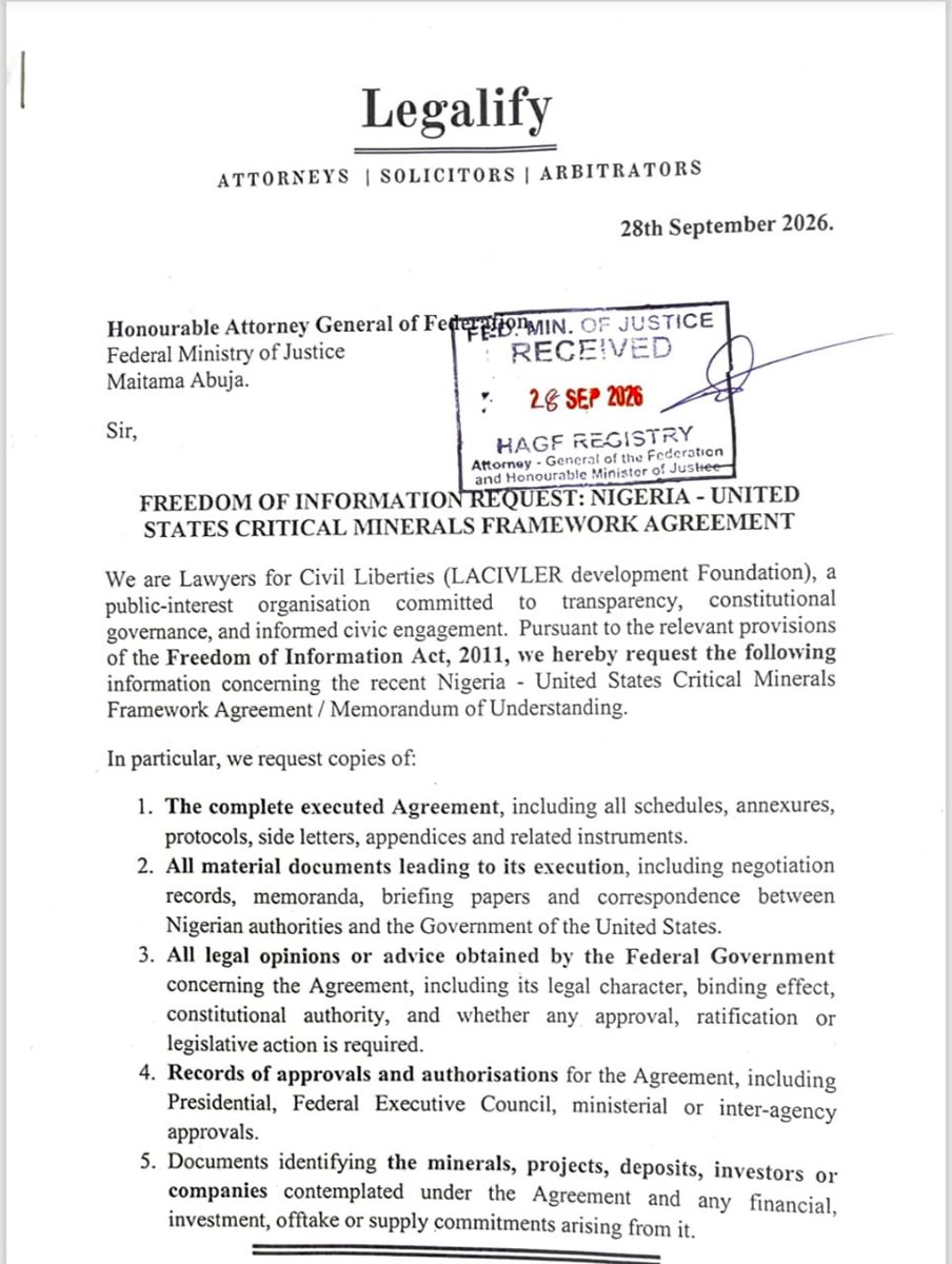 ruffydfire's tweet photo. Today, *Lawyers for Civil Liberties* filed a Freedom of Information application before the *Attorney-General of Federation* and the *Minister of Solid Minerals Development*, requesting for details of the recent Nigeria - United States of America's 700 billion dollar Critical Minerals Framework Agreement / Memorandum of Understanding.