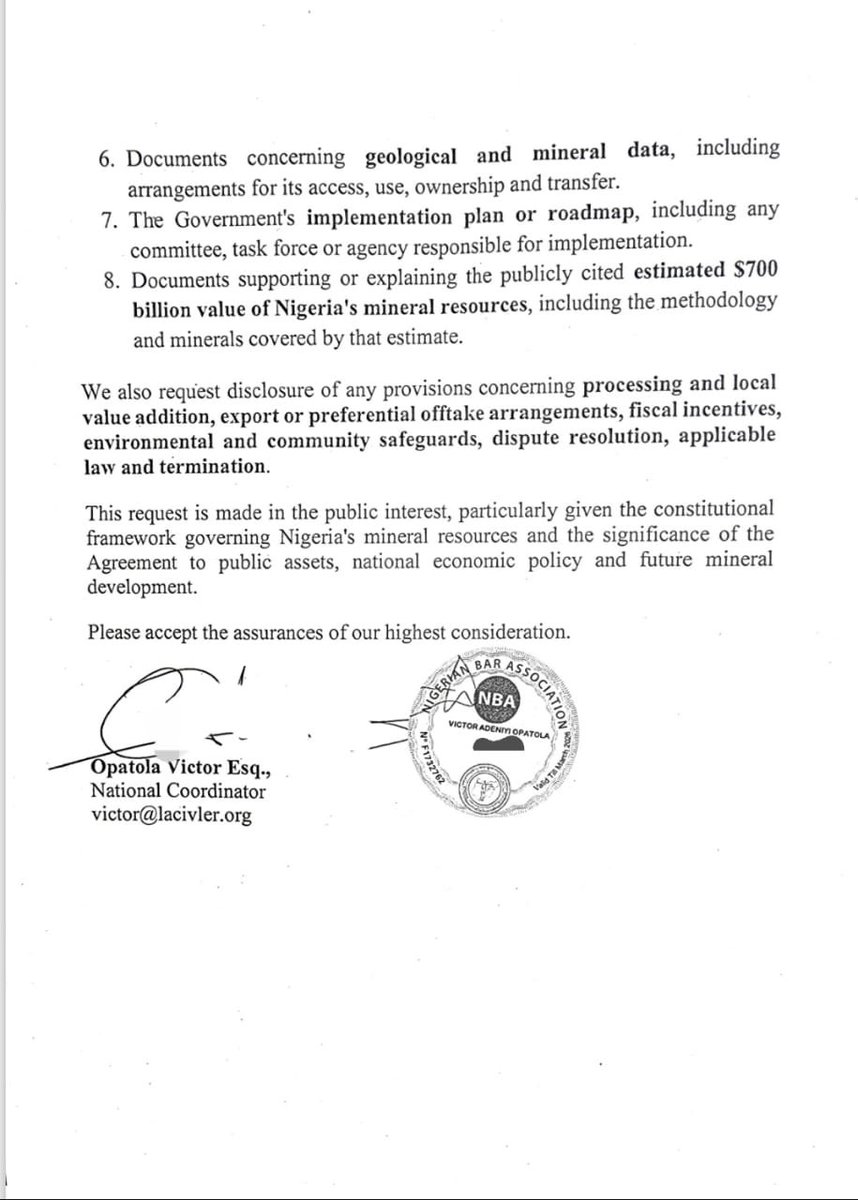 ruffydfire's tweet photo. Today, *Lawyers for Civil Liberties* filed a Freedom of Information application before the *Attorney-General of Federation* and the *Minister of Solid Minerals Development*, requesting for details of the recent Nigeria - United States of America's 700 billion dollar Critical Minerals Framework Agreement / Memorandum of Understanding.