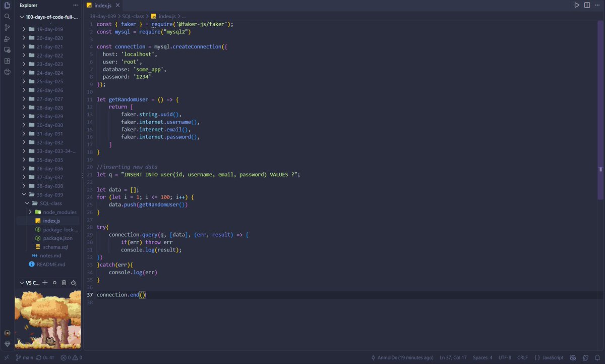 techwalaguy's tweet photo. Day 39 of #100DaysOfCode 🎲

Connecting Node.js directly to MySQL today!

What I learned &amp; built today:
✅Running SQL queries via the Command Line Interface (CLI)
✅Connecting Node.js to MySQL using the mysql2 package
✅Generating realistic mock data using faker-js/faker

#mysql https://t.co/jDTum8eBBS