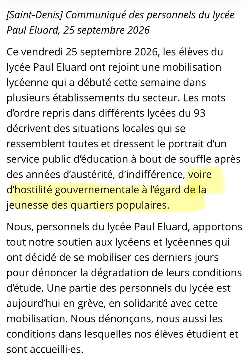 SeverineDuminy's tweet photo. Ci-dessous un extrait d’un communiqué de profs d’extrême gauche du 93, en soutien à leurs élèves qui manifestent.

Rédigé en écriture inclusive (« iels » pour parler des lycéens 🙄), les enseignants dénoncent une « hostilité gouvernementale à l’égard des quartiers populaires » et « une répression policière brutale ».

Vous imaginez les conséquences si, par un pur hasard (…), ces enseignants tenaient ces propos en classe ?

Précisons que les professeurs qui ont rédigé ce communiqué exercent dans le lycée Paul Eluard, où 2 policiers et une jeune fille ont été blessés aujourd’hui.

Source: https://t.co/BCOMXDSUw3