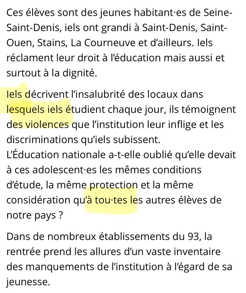 SeverineDuminy's tweet photo. Ci-dessous un extrait d’un communiqué de profs d’extrême gauche du 93, en soutien à leurs élèves qui manifestent.

Rédigé en écriture inclusive (« iels » pour parler des lycéens 🙄), les enseignants dénoncent une « hostilité gouvernementale à l’égard des quartiers populaires » et « une répression policière brutale ».

Vous imaginez les conséquences si, par un pur hasard (…), ces enseignants tenaient ces propos en classe ?

Précisons que les professeurs qui ont rédigé ce communiqué exercent dans le lycée Paul Eluard, où 2 policiers et une jeune fille ont été blessés aujourd’hui.

Source: https://t.co/BCOMXDSUw3