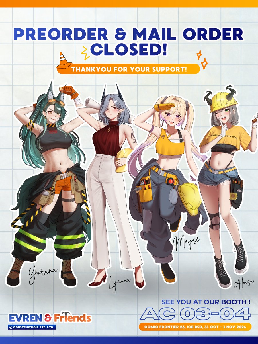EVRENCommunity's tweet photo. Periode PO &amp; mail order resmi ditutup! 🔥

Terima kasih banyak atas antusiasme dan support dari para Lyannatics, Yoronda, Loipop, May Darlings, dan kawan2 VTuber &amp; EVRIEND lainnya. Your support means a lot! 💕

See you at AC 03-04 gusy! #CF23 #Comifuro23 https://t.co/azGX8NTCBq