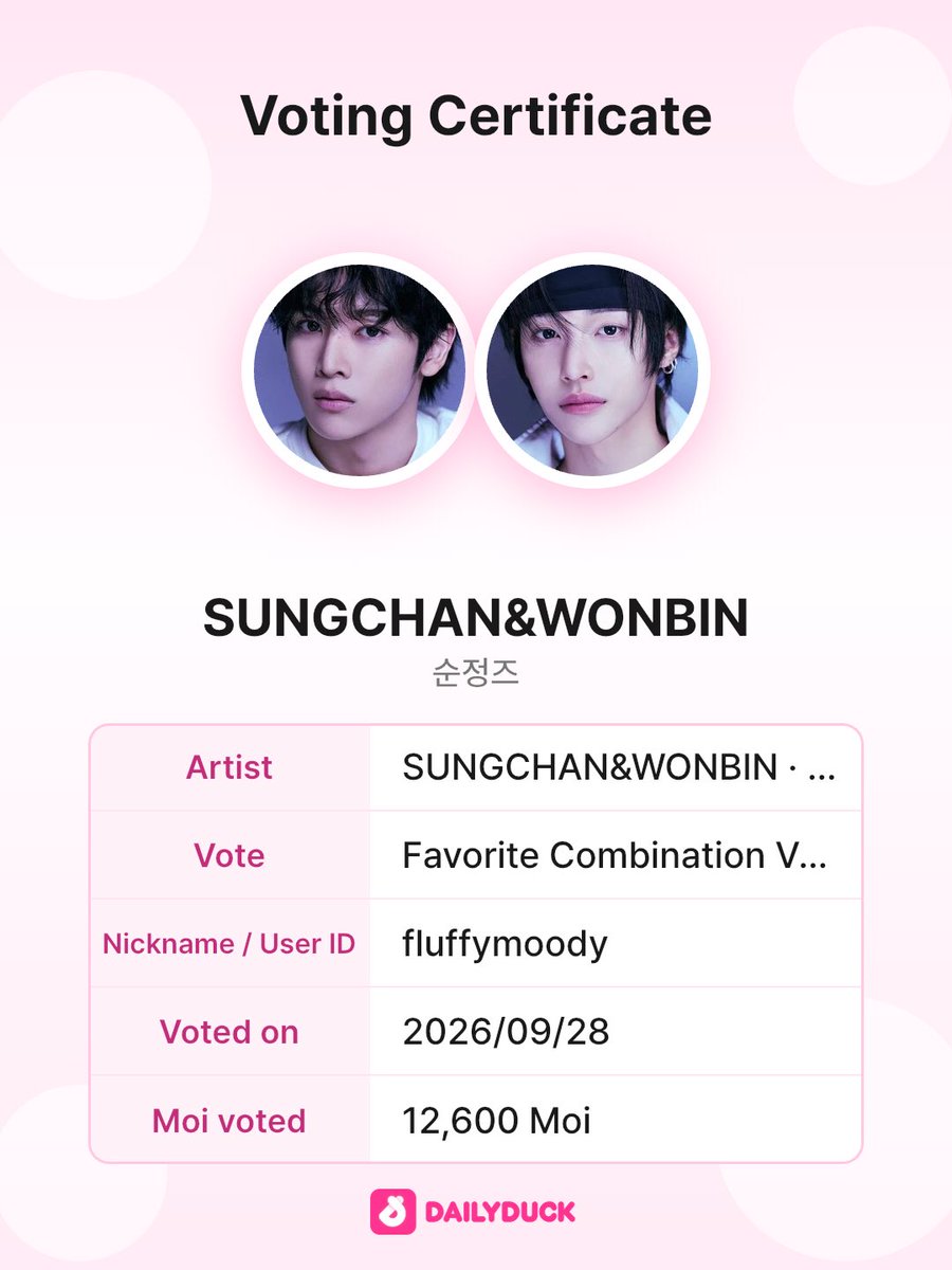 fluffythemoody's tweet photo. ทุกคนแอพ Dailyduck มีโหวต #SUNGCHAN & #WONBIN นะ
หัวข้อ: Favorite Combination
Vote ✨

ถ้าใครว่างๆก็มาโหวตได้ครับ บูส ๆ ให้ซองชานกับวอนบินกัน ชานเบ้บคู่อัน 1 เกาหลี ☝🏼🦌🐈‍⬛💕

🥇รางวัลที่1จะได้ขึ้นป้ายหน้า Gocheok Dome บริเวณ Twosome Place สาขา Dongyang Mirae University Branch ในวันงาน MMA

📌: https://t.co/h1k58sWqxf
🗓️: Sep28-Oct09,2026
🗳️: 1 vote = 1 moi 🪙

- เปลี่ยนภาษากดมุมขวาบน
- โหวตวันละกี่ครั้งก็ได้
- ดู ad ได้วันละ 5 ครั้งได้ครั้งละ 50 moi

#ชานเบ้บ #sunjeongz