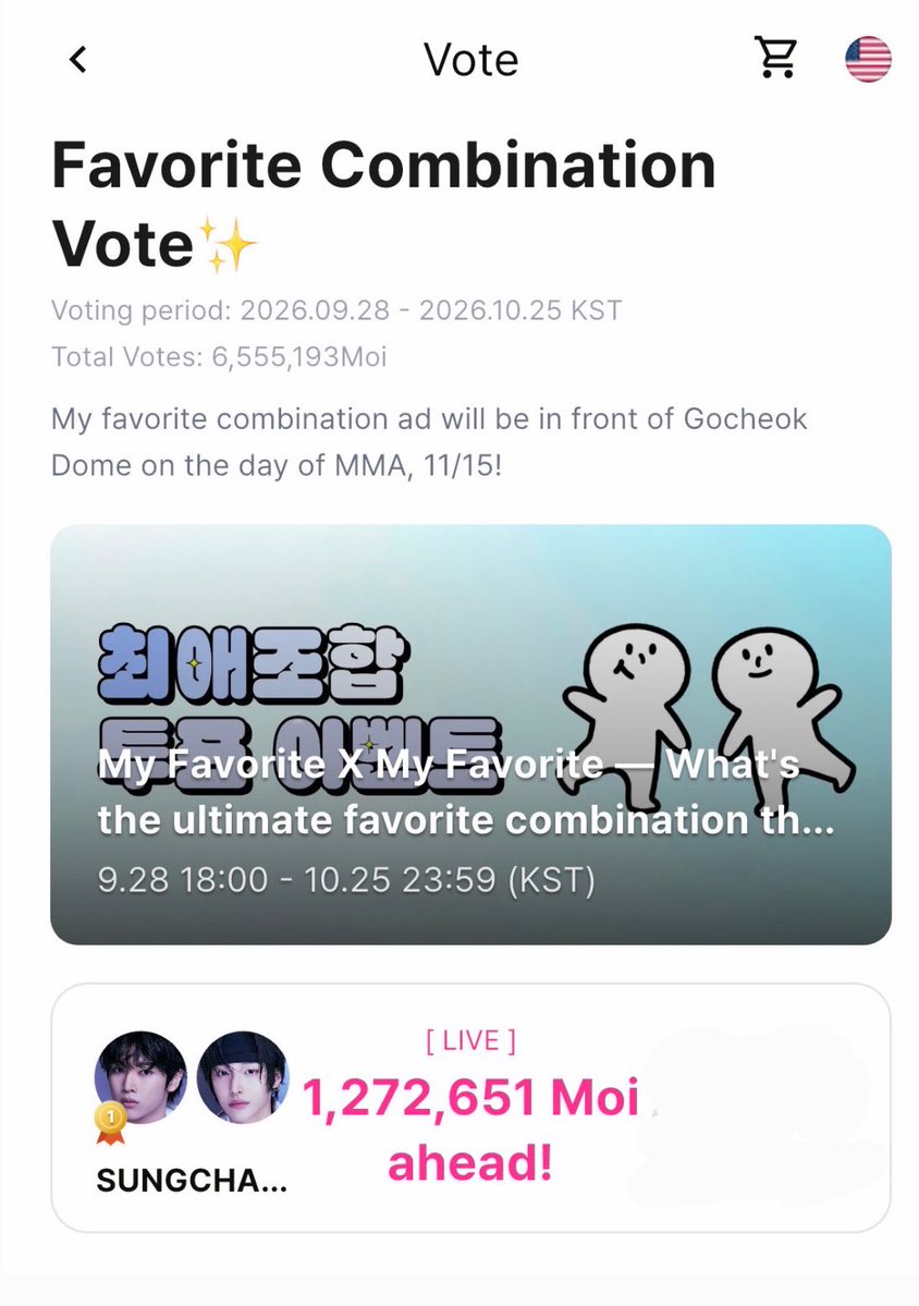 fluffythemoody's tweet photo. ทุกคนแอพ Dailyduck มีโหวต #SUNGCHAN & #WONBIN นะ
หัวข้อ: Favorite Combination
Vote ✨

ถ้าใครว่างๆก็มาโหวตได้ครับ บูส ๆ ให้ซองชานกับวอนบินกัน ชานเบ้บคู่อัน 1 เกาหลี ☝🏼🦌🐈‍⬛💕

🥇รางวัลที่1จะได้ขึ้นป้ายหน้า Gocheok Dome บริเวณ Twosome Place สาขา Dongyang Mirae University Branch ในวันงาน MMA

📌: https://t.co/h1k58sWqxf
🗓️: Sep28-Oct09,2026
🗳️: 1 vote = 1 moi 🪙

- เปลี่ยนภาษากดมุมขวาบน
- โหวตวันละกี่ครั้งก็ได้
- ดู ad ได้วันละ 5 ครั้งได้ครั้งละ 50 moi

#ชานเบ้บ #sunjeongz