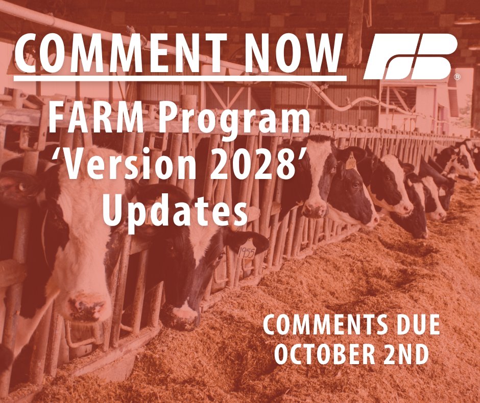 WIFarmBureau's tweet photo. The deadline for dairy industry stakeholders to provide comments, feedback or concerns related to proposed revisions of the National Dairy Farmers Assuring Responsible Management (FARM) Program is quickly approaching. 

Proposed updates for 'FARM Version 2028' include changes to both the Animal Care and Workforce Development programs. 

Farmers and industry professionals are encouraged to review the updates and provide comments via the survey by October 2nd.

🔗 https://t.co/vCYSuueTda