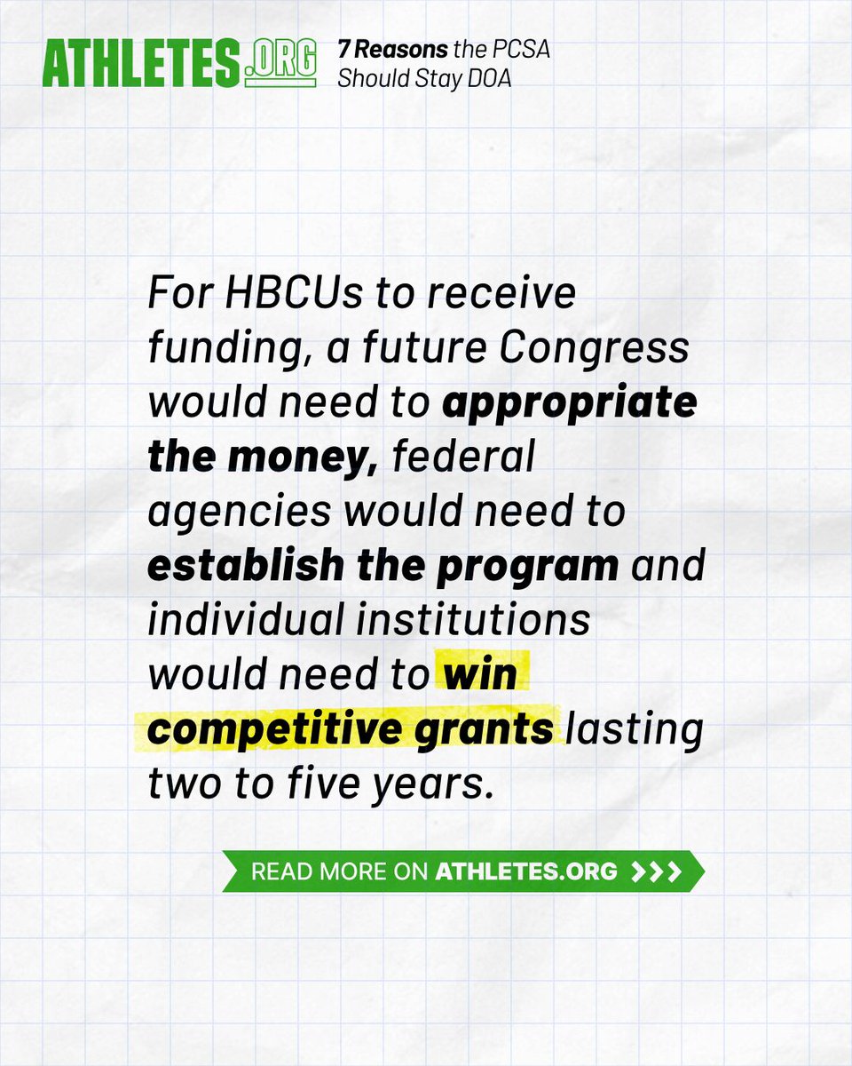 AthletesOrg's tweet photo. Reason 6️⃣ why the PCSA should remain DOA:
The bill guarantees no annual appropriation, no minimum funding level and no award for any particular HBCU. https://t.co/fs7VZVP4BS