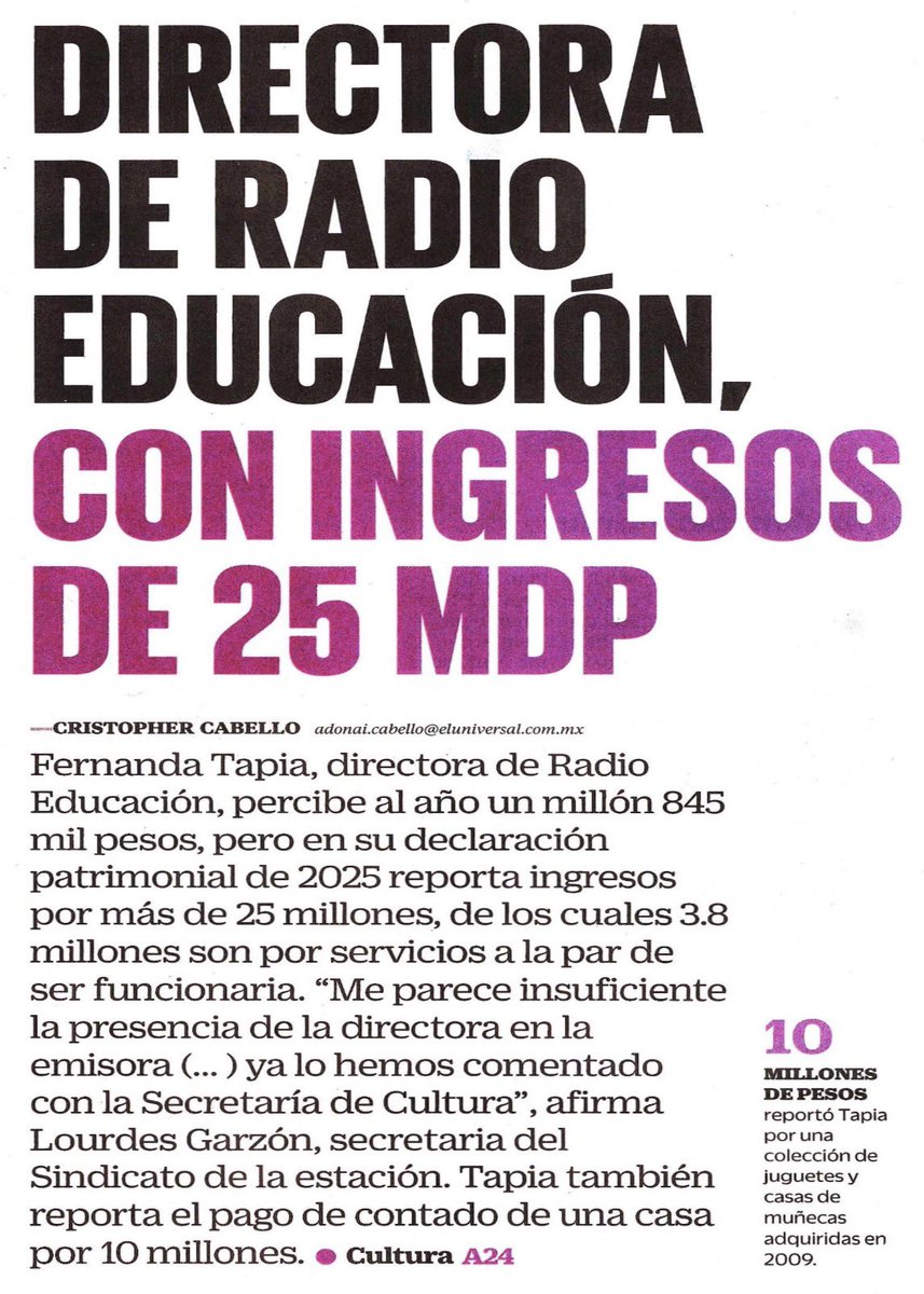 avieu's tweet photo. 🚨 La austeridad es puro discurso. Fernanda Tapia gana 1.8 mdp al año en Radio Educación, pero declaró ingresos por más de 25 mdp en 2025, incluidos 3.8 mdp por servicios. También reportó una casa de 10 mdp pagada de contado. La nueva mafia del poder se sirve con la cuchara grande.