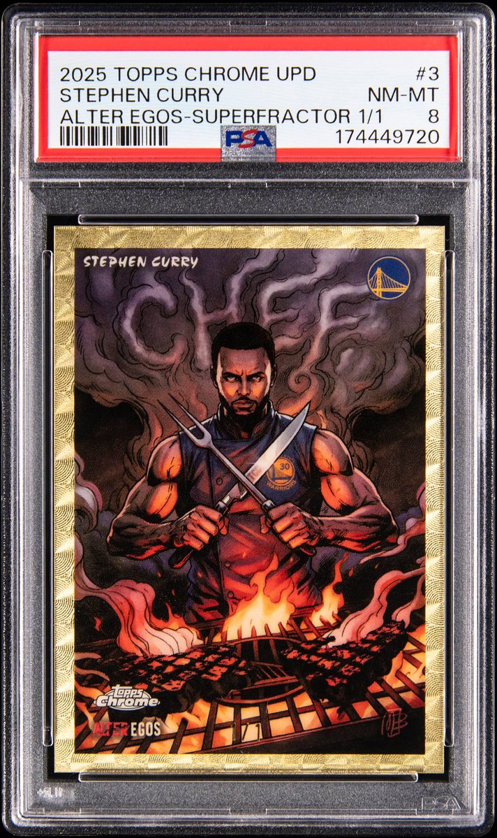 CardsBoulevard's tweet photo. HIGHEST ALTER EGOS SALE EVER 🔥

The 2025-26 Topps Chrome Update Alter Egos SuperFractor Stephen Curry 1/1 PSA 8 sold for $652,022 making it the highest Alter Egos card sale of all time. https://t.co/4DKjwnGuzv