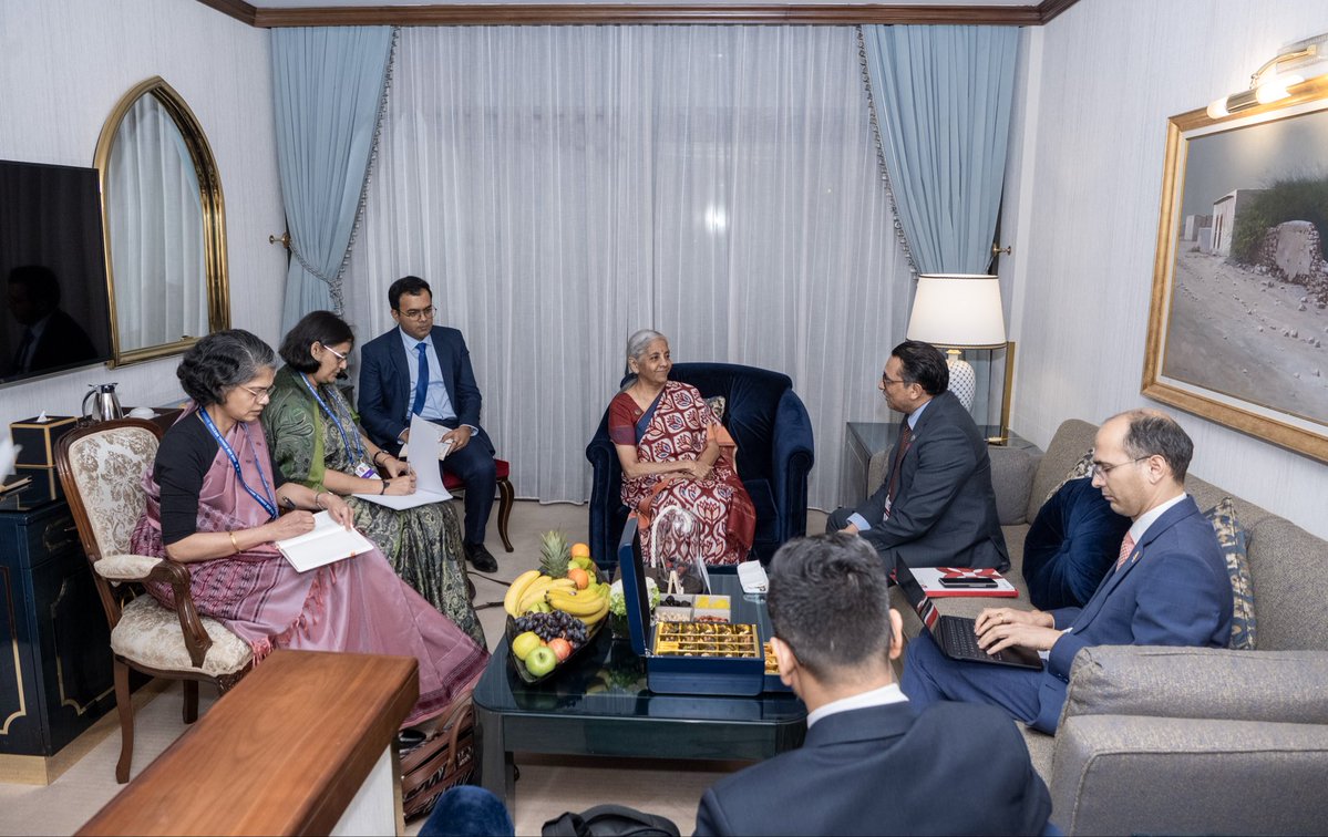 FinMinIndia's tweet photo. Union Minister for Finance & Corporate Affairs Smt. @nsitharaman had a pull-aside meeting with Shri @SwarnimWagle, Minister of Finance @mofnepal, Nepal, on the sidelines of the AIIB 2026 Annual Meeting in Doha, Qatar, today.

Both the Ministers were pleased to meet again and noted the opportunity to follow up on the discussions held during their meeting in New Delhi. 

The discussions covered Nepal’s assessment and priorities for reconstruction and recovery following the floods, with emphasis on continued engagement between the teams to work out the specifics of any support that India can provide at this critical time.

The Ministers also discussed the progress of projects taken up during the New Delhi meeting and emphasised the need for continued engagement. The early operationalisation and utilisation of the UPI-NPI linkage was also discussed as an initiative beneficial to both countries.