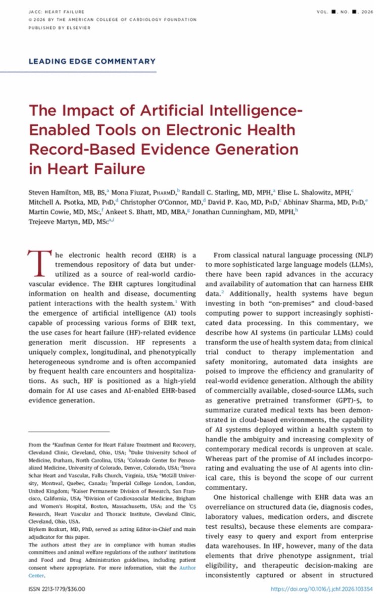 hfcollaboratory's tweet photo. Out now in @JACCJournals from #HFC members @JonWCunningham @mfiuzat @rcstarling @ProfMartinCowie @mpsotka @ankeetbhatt @coconnormd et al.

This article examines how AI-enabled tools can use EHR data to streamline HF research and clinical workflows. https://t.co/vcxNkWCpAq https://t.co/fgVA0iWTfE