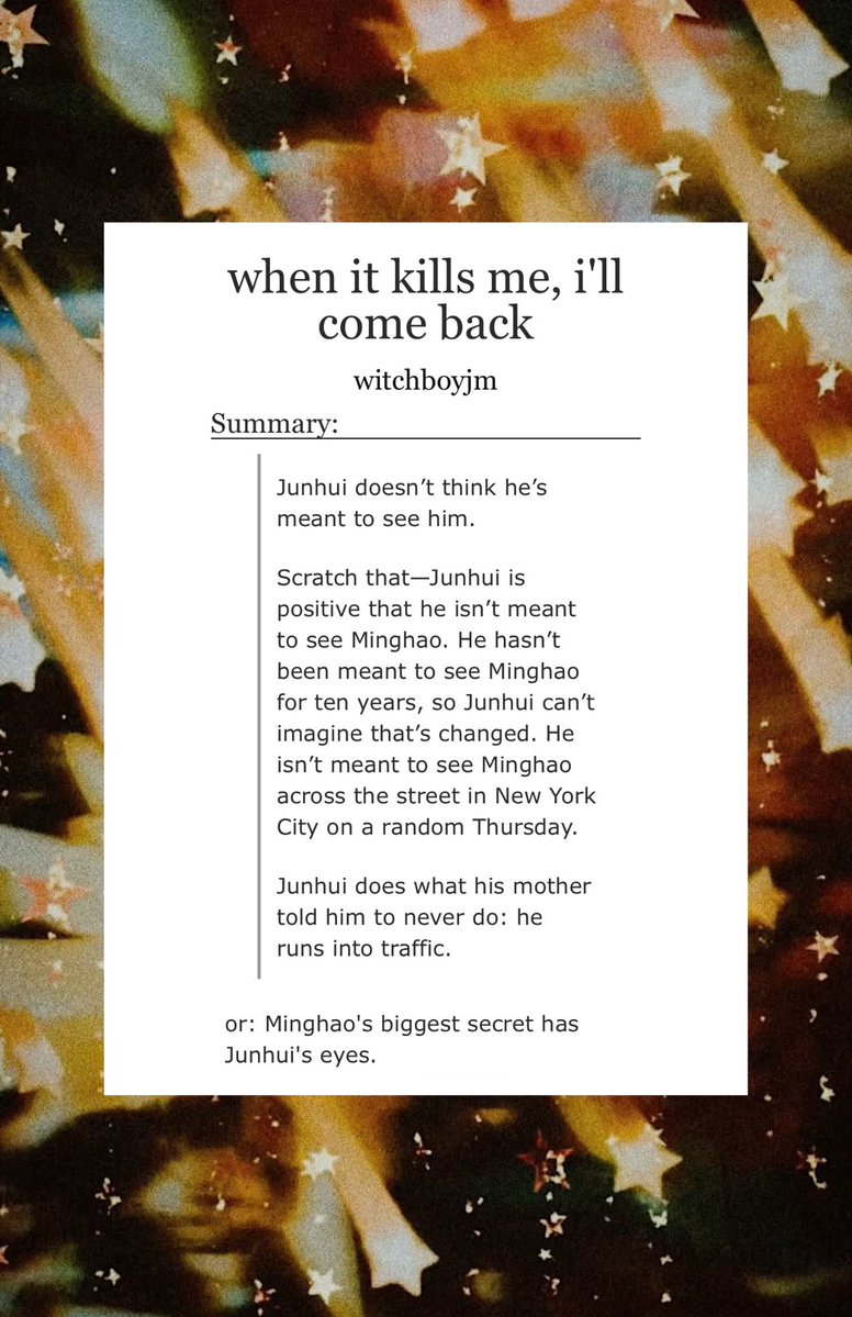 witchboyjm's tweet photo. when it kills me, i’ll come back

✨ junhao
✨ 20.7k words, complete, rated e
✨ omegaverse secret child angst with a happy ending!

https://t.co/yvovdS0BO3 https://t.co/Di3X9cfyWW