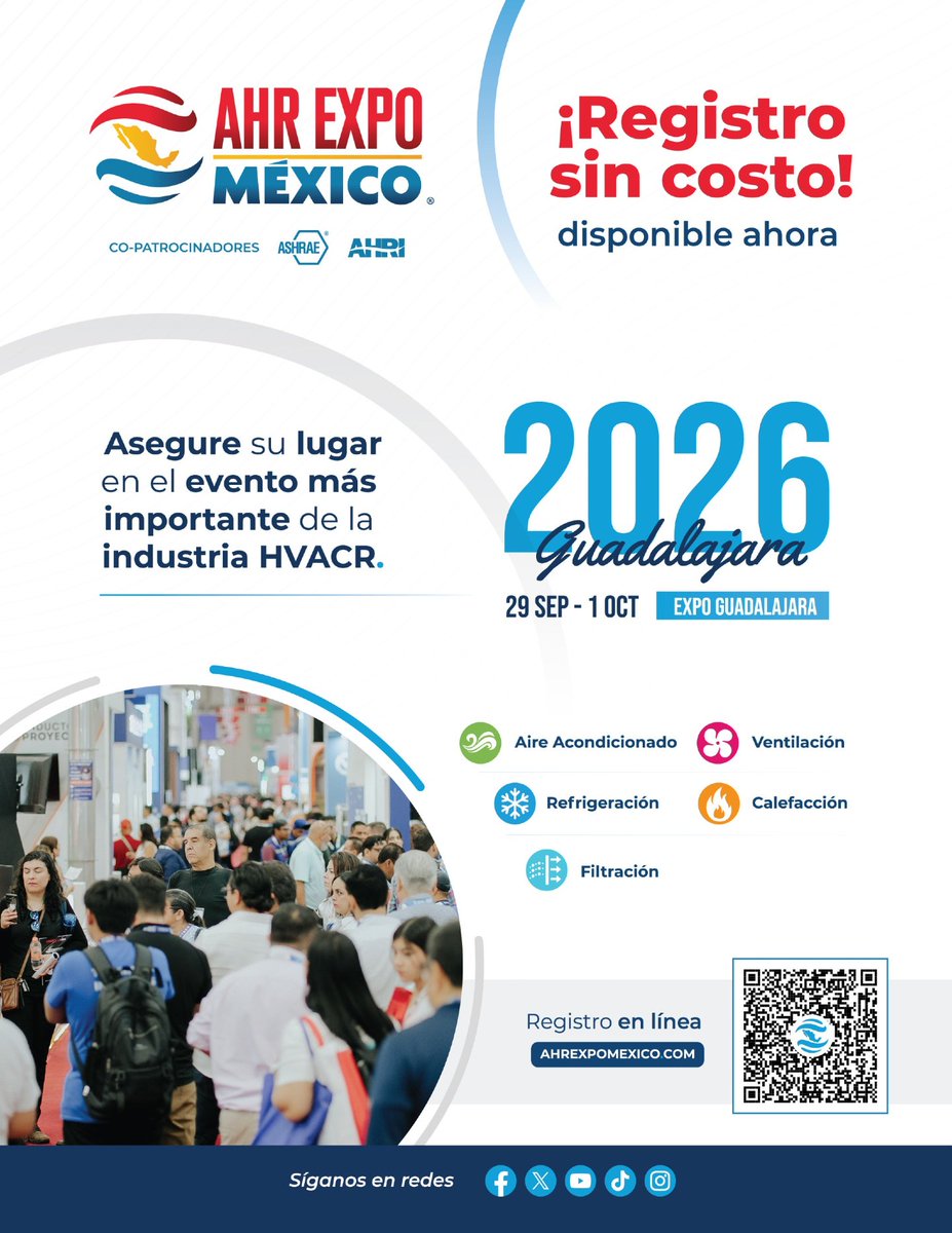 CamaradeCom_GDL's tweet photo. La industria HVACR se reúne en Guadalajara para conectar con nuevas tendencias, soluciones y oportunidades de negocio.

AHR Expo México 2026 llega a Expo Guadalajara del 29 de septiembre al 1 de octubre, reuniendo a profesionales y empresas de los sectores de aire acondicionado, ventilación, refrigeración, calefacción y filtración.

Una oportunidad para conocer innovaciones, generar conexiones y acercarse a las soluciones que están transformando la industria.
Registro sin costo. Consulta los detalles y asegura tu lugar en https://t.co/TCipBWkalq