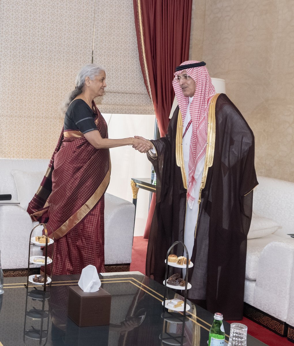 FinMinIndia's tweet photo. Union Minister for Finance & Corporate Affairs Smt. @nsitharaman met H.E. Mr. @MAAljadaan, Minister of Finance (@MOFKSA), Kingdom of Saudi Arabia, on the sidelines of the AIIB 2026 Annual Meeting in Doha, Qatar, today.

H.E. Mr. @MAAljadaan congratulated the Union Finance Minister on India's robust economic performance and improving investment climate, and shared his perspective on the Saudi economy. 

The Union Finance Minister conveyed that Saudi Arabia is India’s trusted and valued strategic partners and highlighted the wide-ranging partnership between the two countries across defence, security, trade, investment, energy, technology, healthcare, education, culture and people-to-people exchanges.

Both the Ministers welcomed the successful conclusion of negotiations on the India-Saudi Arabia Bilateral Investment Treaty (BIT), which will provide a stronger and more predictable framework for bilateral investments and further strengthen investor confidence. H.E. Mr. @MAAljadaan said that Saudi Arabia looks forward to its early implementation.

Recalling the Prime Minister Shri @narendramodi’s vision expressed during his state visit to Saudi Arabia, both the Ministers discussed further strengthening the strategic partnership between the two countries. H.E. Mr. @MAAljadaan expressed keen interest in welcoming investments from India.

@IndianEmbRiyadh