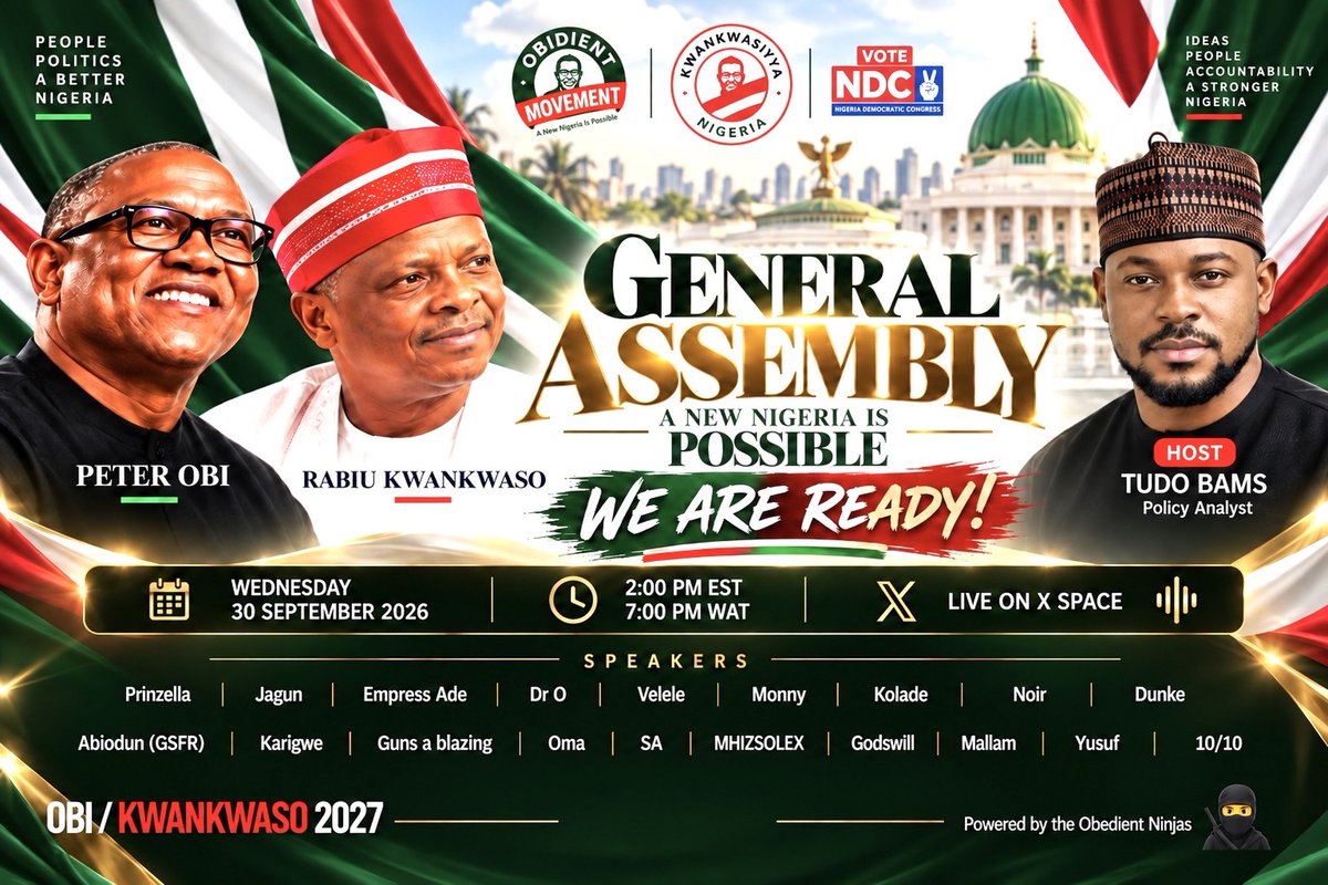 tudobams's tweet photo. The wind of change is around the corner. Nigeria is at a precipice and the momentum is building. 

The voices are gathering with a singular resolve ; WE ARE READY!

OBIDIENT × KWANKWASIYYA General Assembly - #OK2027✌🏾

Join us! https://t.co/Xm8j4WJvnO