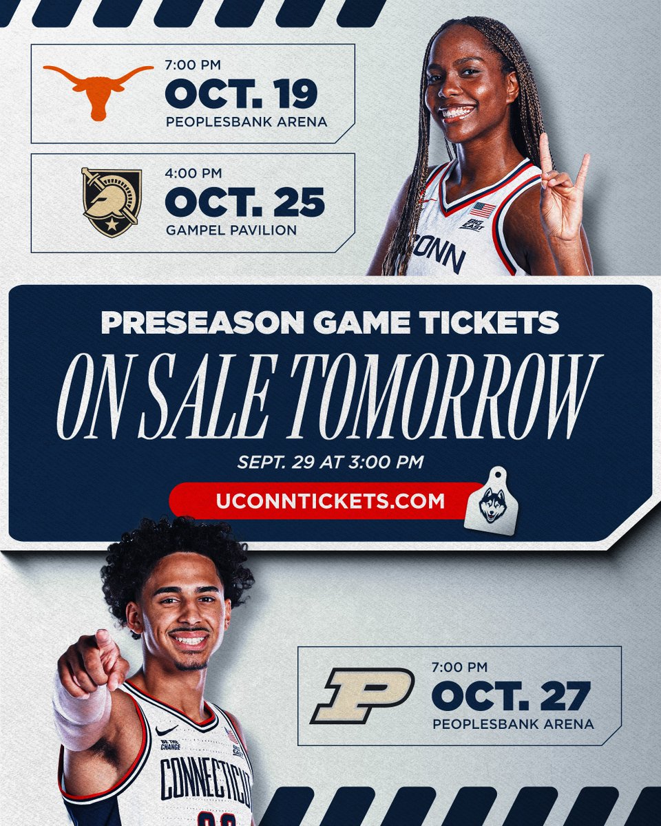 UConnHuskies's tweet photo. Your first opportunities to catch Huskies basketball at home are right around the corner! 🏀

Tickets for all @uconnwbb and @uconnmbb preseason home games go on sale TOMORROW!

Tickets will be live tomorrow at 3pm at https://t.co/U98jWtMNdb https://t.co/DtIERCwQZl
