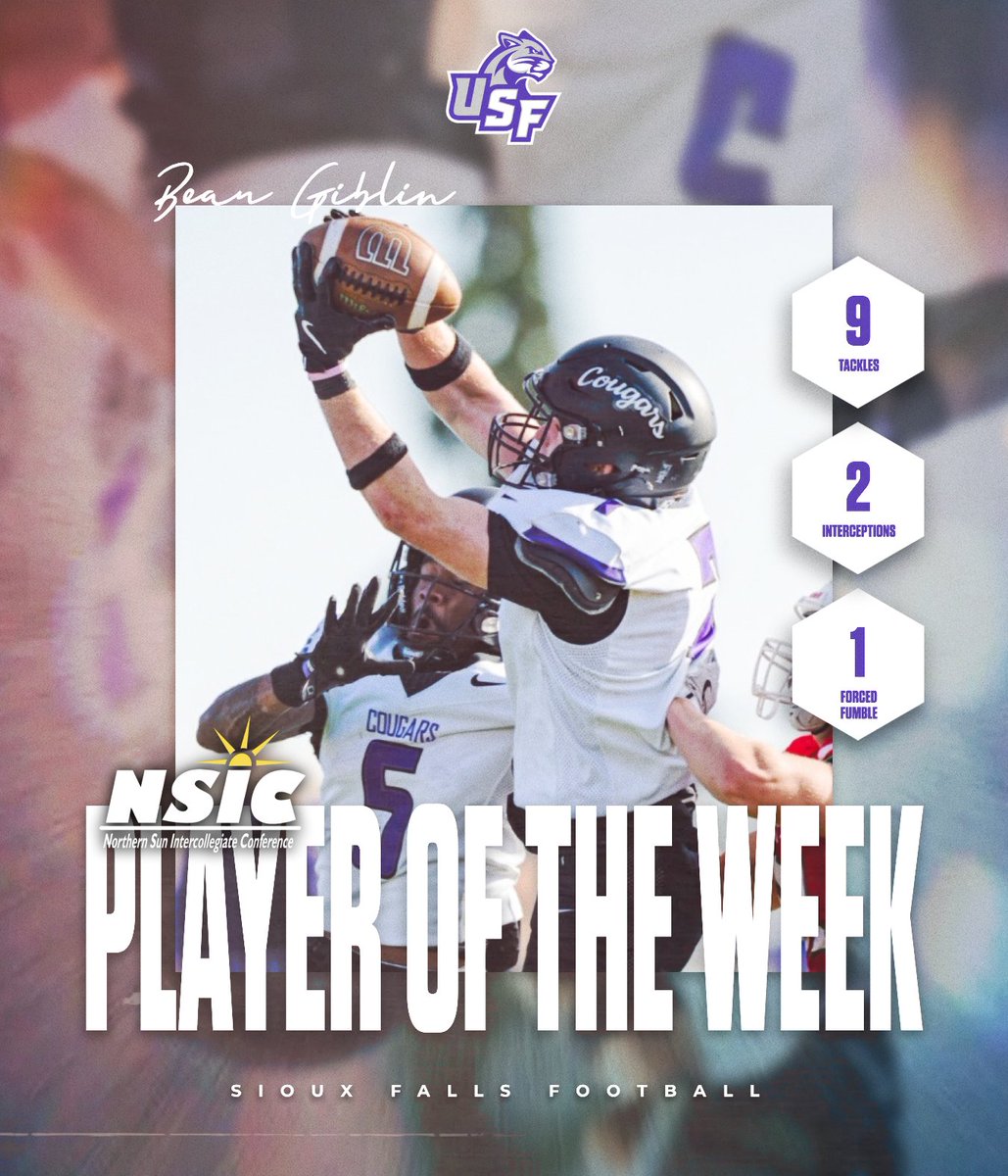 USFCougarsFB's tweet photo. Ball Hawk🔥

Beau Giblin earns @northernsunconf  Defensive Player of the Week honors!

#CooFalls | #WinnersWin https://t.co/y3dcc0hkuI