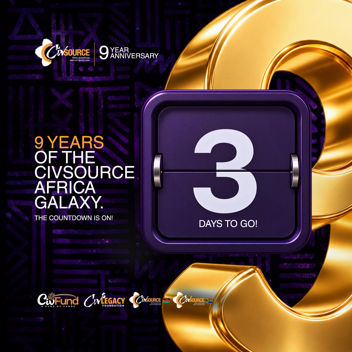CivsourceAfrica's tweet photo. 🔥 3 DAYS TO 9 YEARS! ⏳🥳

In just 3 days, we celebrate 9 years of the CivSource Africa Galaxy! 🌍

🌼 Nine years of people, ideas, learning, partnerships and growing together.

⁉️ What @CivsourceAfrica Galaxy moment will you always remember?

#GalaxyAt9 #3DaysToGo https://t.co/q5X1oFtRp9