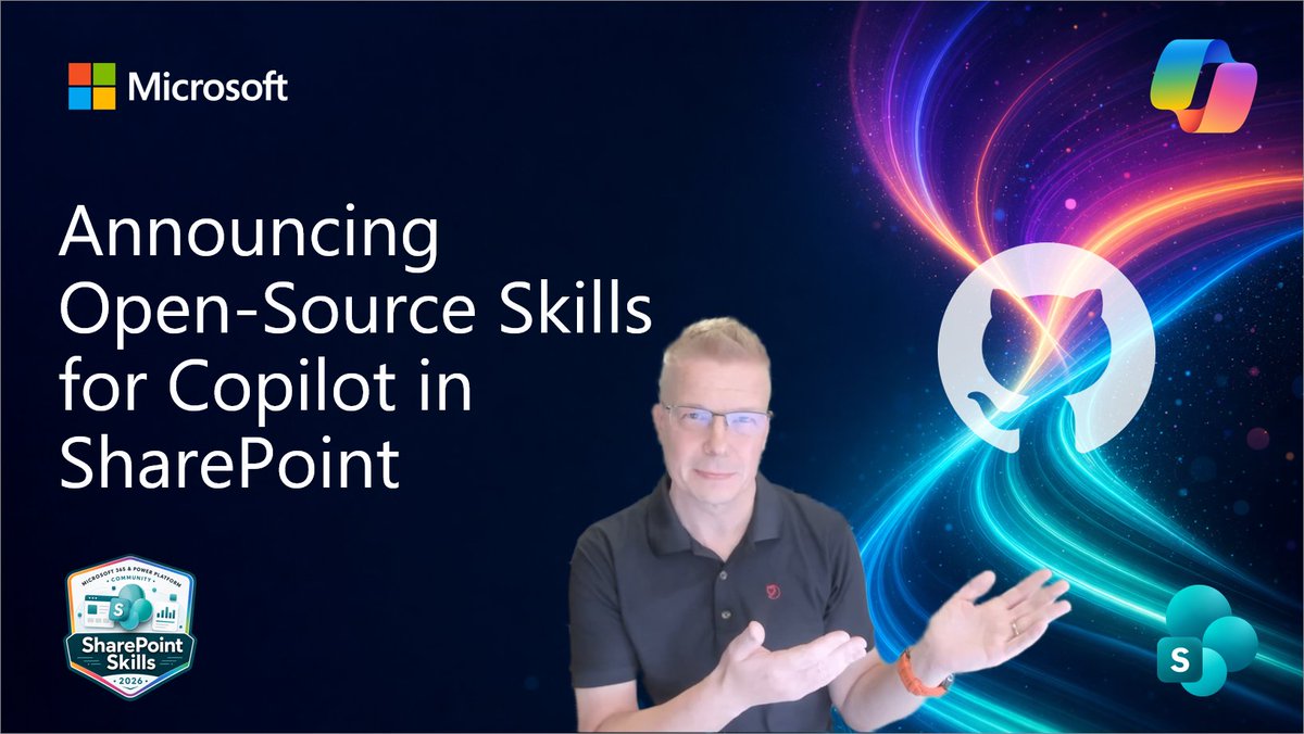 Microsoft365Dev's tweet photo. 💡 SharePoint Skills become more powerful when the community can reuse them!

@VesaJuvonen shows how #SharePoint Skills can be saved, shared, uploaded, reused from GitHub, and applied through #Copilot for reports and list styling.

📺 Watch now → https://t.co/9FJxDp1K1L https://t.co/3fIKkAMMtg