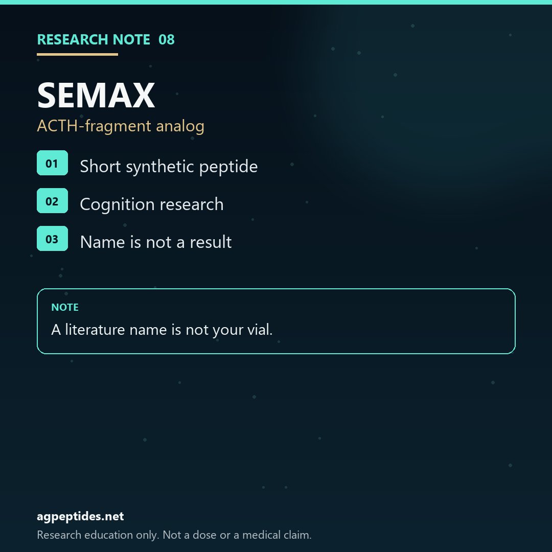 brunam1910's tweet photo. Semax is an ACTH-fragment analog studied in cognition research. A literature name does not transfer onto a vial. Check the lot against the batch file. https://t.co/Nm5irGXK7B #Semax #PeptideResearch #Peptides https://t.co/0BCqLOHom1