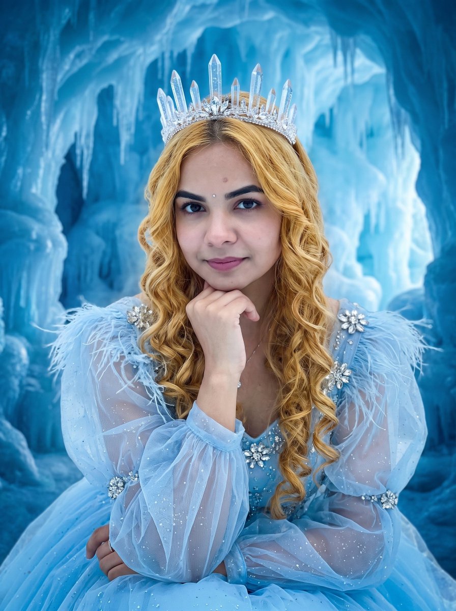 runaroseee's tweet photo. Winter magic lives in her eyes

Prompt : A magical ice princess portrait of an adorable young girl with long golden blonde curly hair, wearing a sparkling icy crystal crown with tall spiked ice-shard details. She has bright blue eyes, rosy cheeks, and a sweet, thoughtful expression with her hand gently resting under her chin. She wears a pastel blue tulle princess gown with sheer puffed sleeves, delicate glitter dot details, feathered shoulder trim, and small floral crystal embellishments. Background is a glowing blue frozen ice cave with icy formations, soft cool-toned cinematic lighting, dreamy winter fairytale atmosphere, ultra-detailed, 8k, children's fantasy editorial photography, enchanting and serene mood