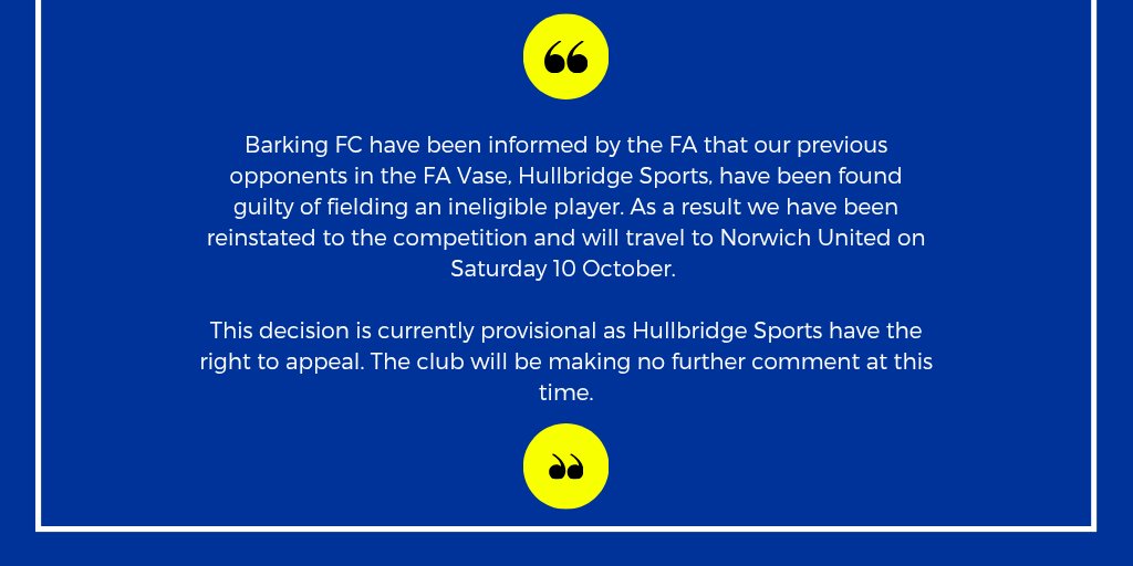 barkingfc's tweet photo. CLUB STATEMENT - FA VASE
We were today informed of a decision in regards to our previous FA Vase fixture by the FA. Please see below for more information. https://t.co/f90nRa8bdT